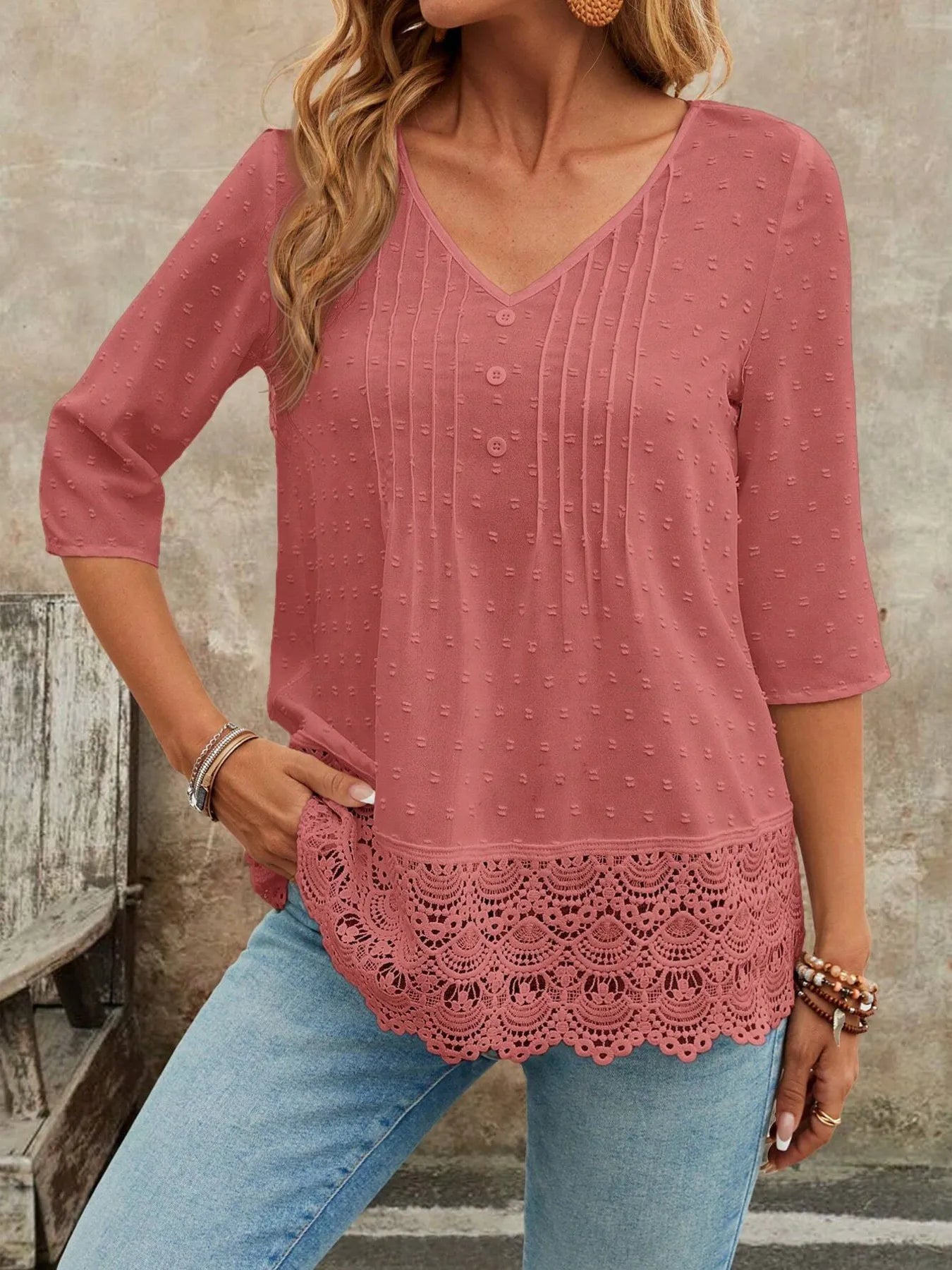 Lace Hem V - Neck Blouse designed for comfort and style at Lookzlike