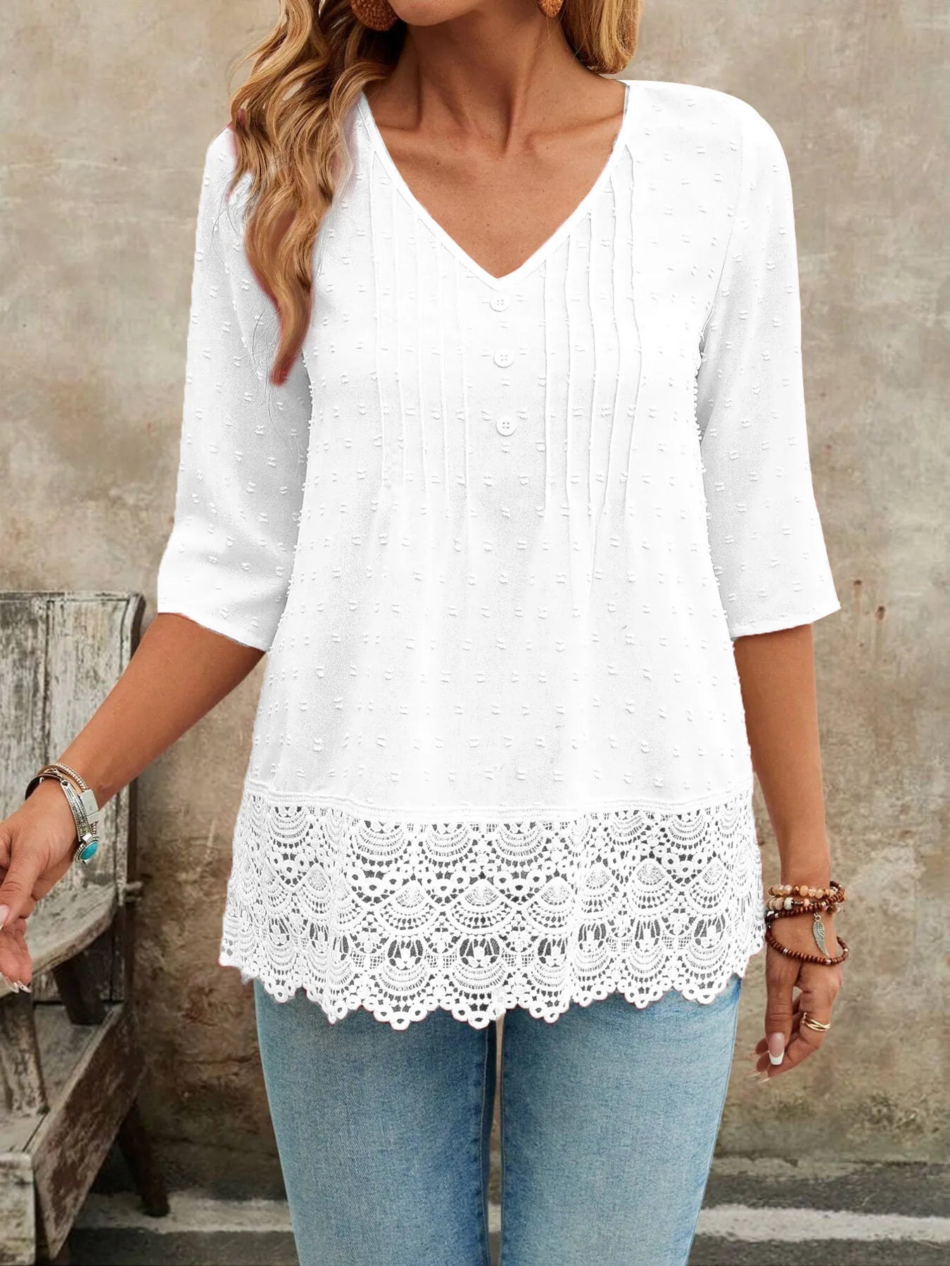 Lace Hem V - Neck Blouse designed for comfort and style at Lookzlike