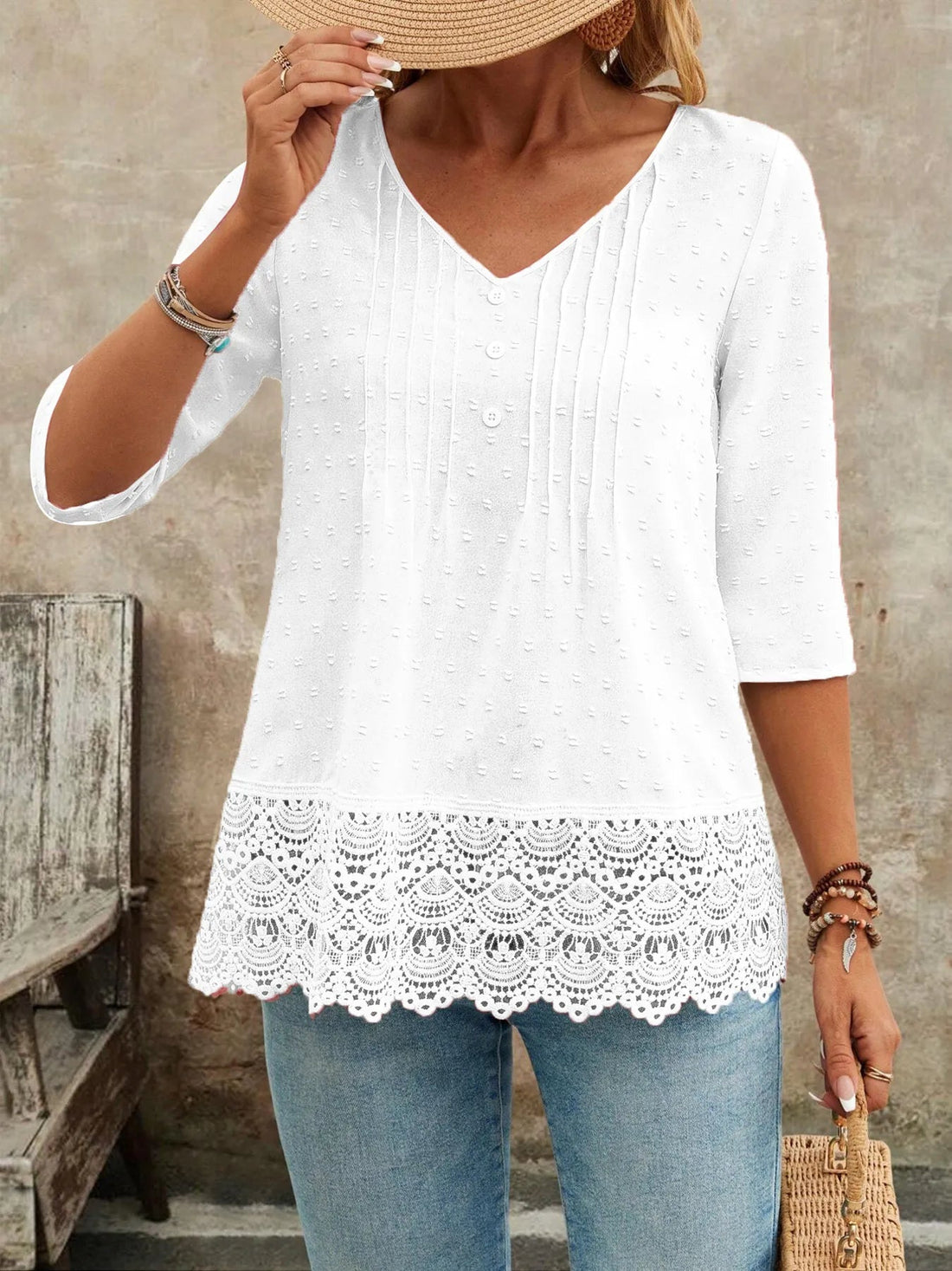 Lace Hem V - Neck Blouse designed for comfort and style at Lookzlike