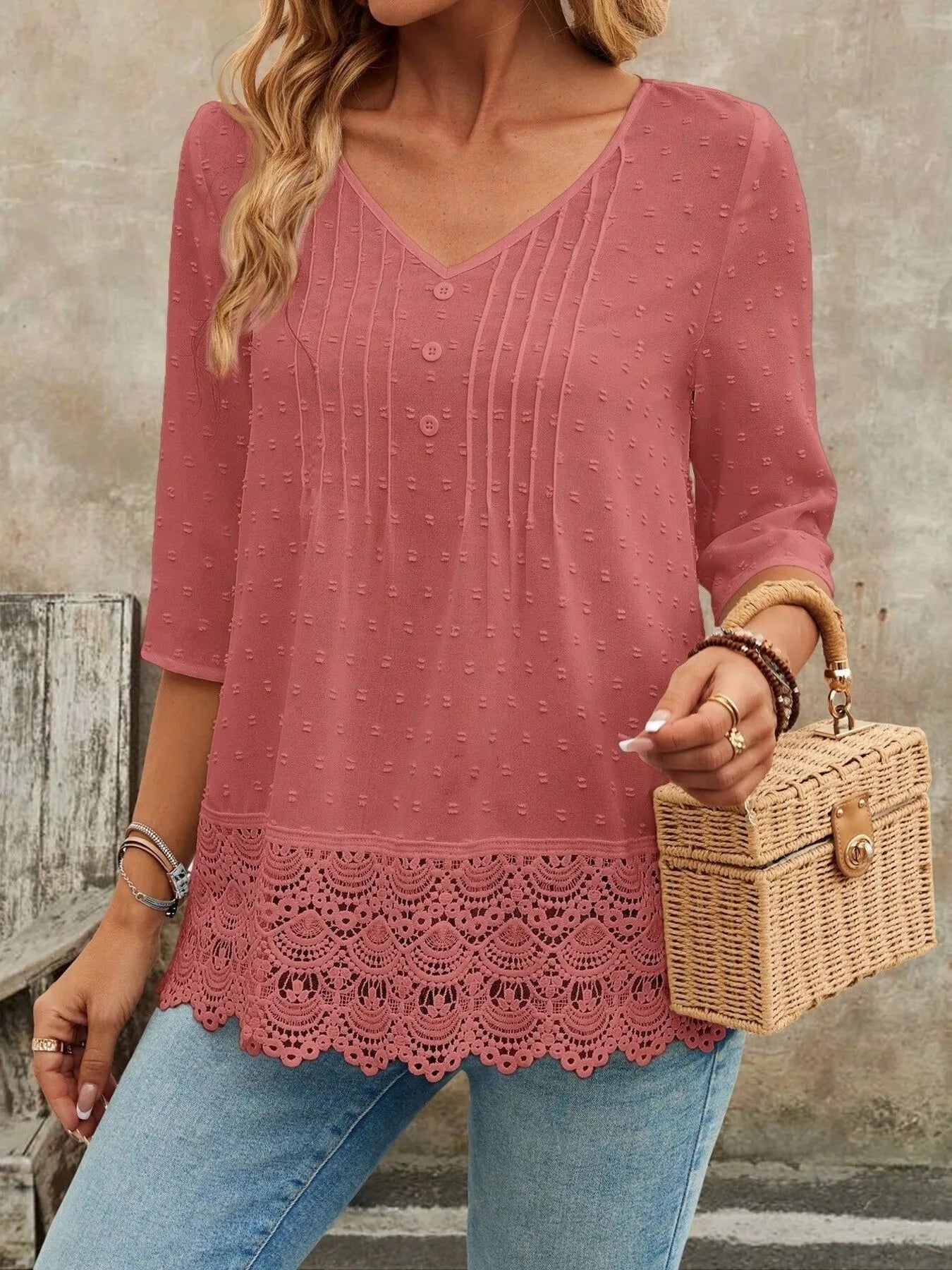 Lace Hem V - Neck Blouse designed for comfort and style at Lookzlike