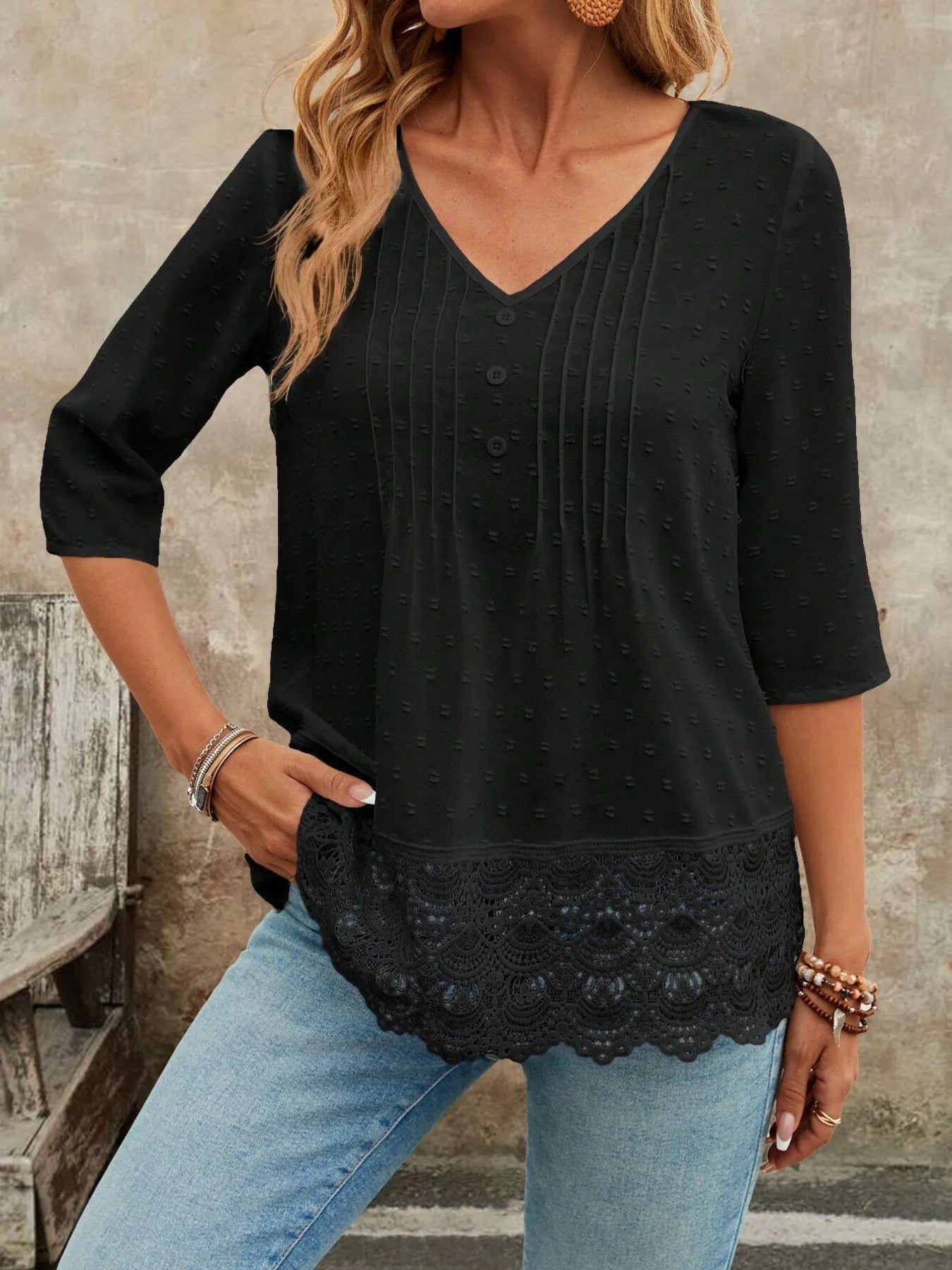 Lace Hem V - Neck Blouse designed for comfort and style at Lookzlike