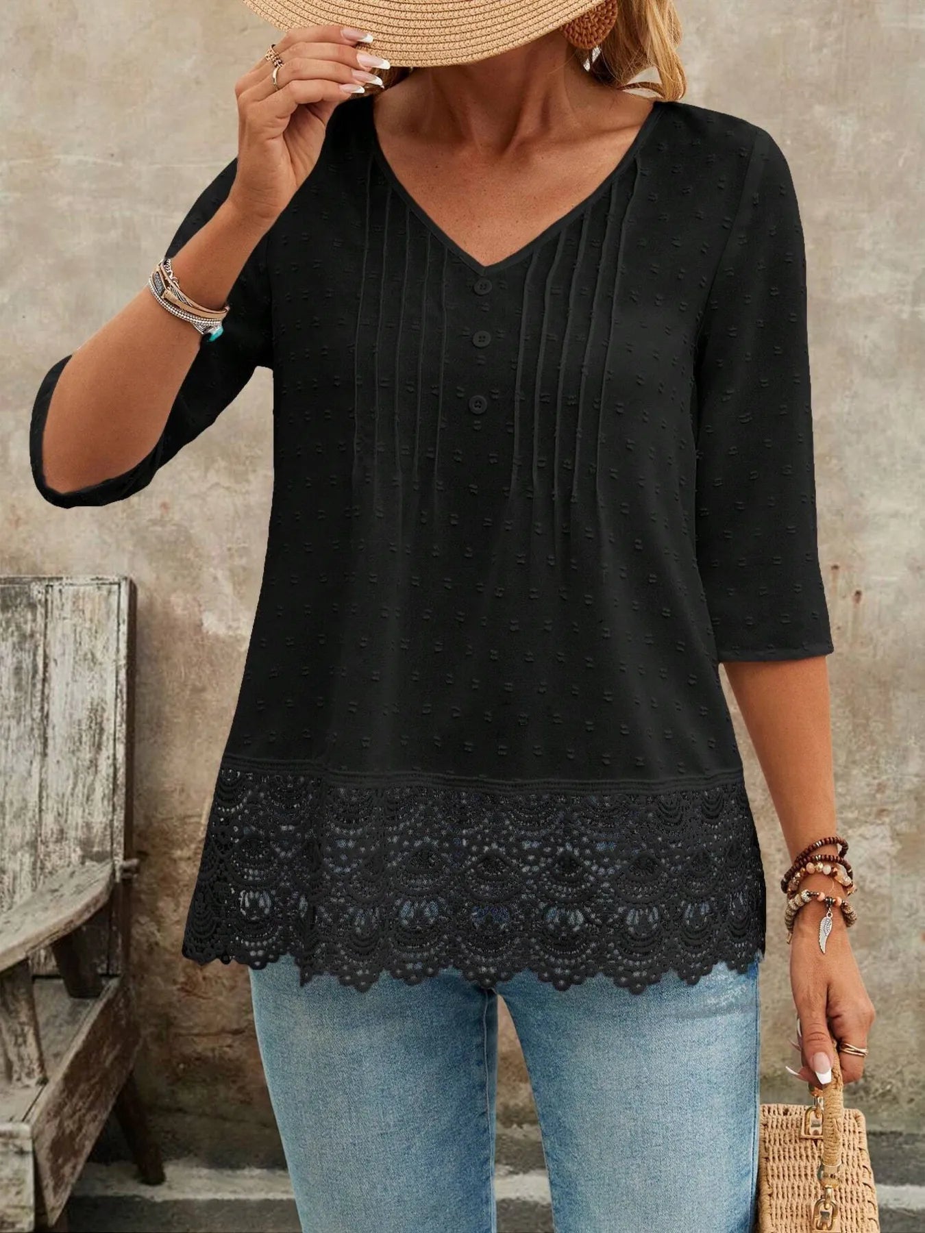 Lace Hem V - Neck Blouse designed for comfort and style at Lookzlike