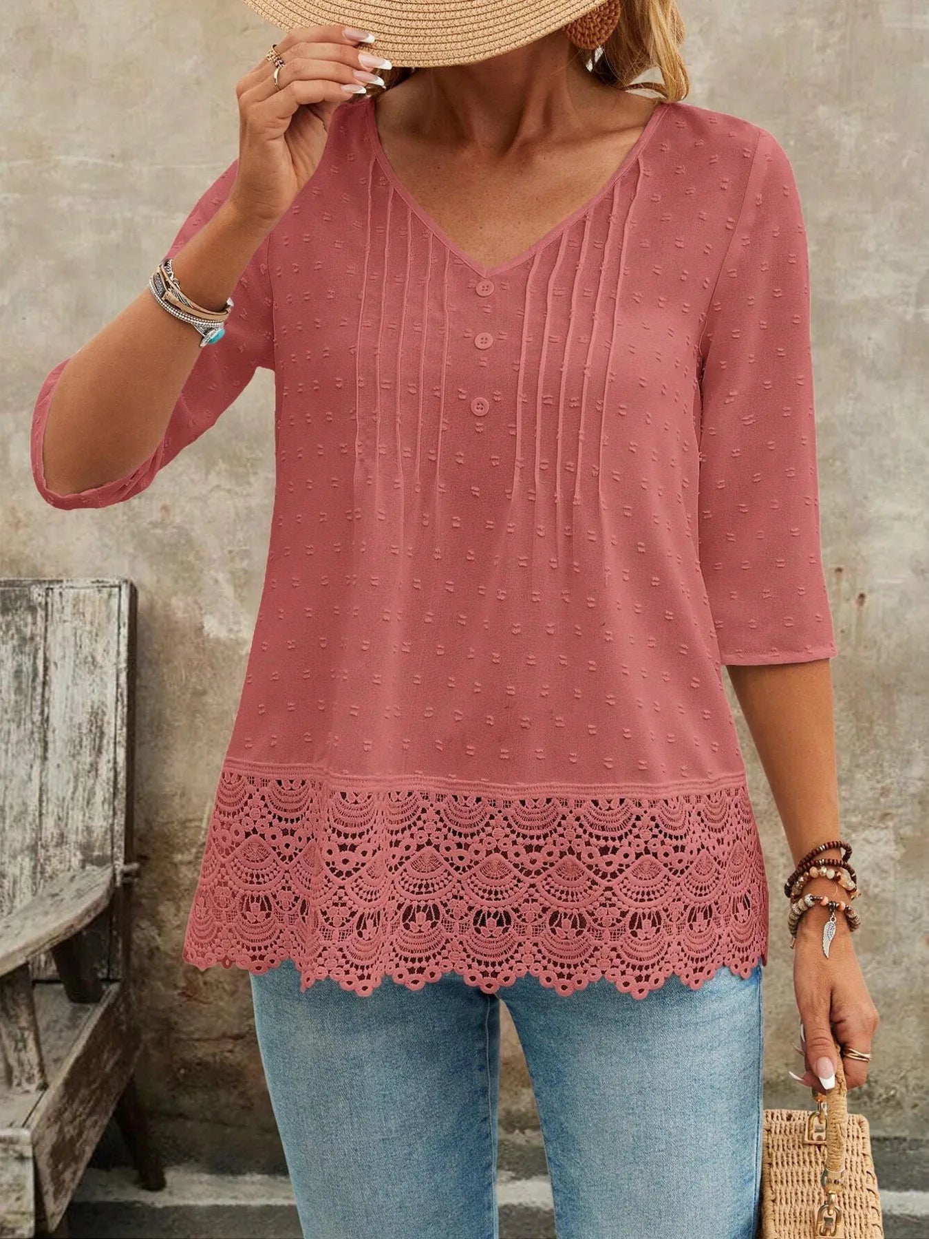 Lace Hem V - Neck Blouse designed for comfort and style at Lookzlike