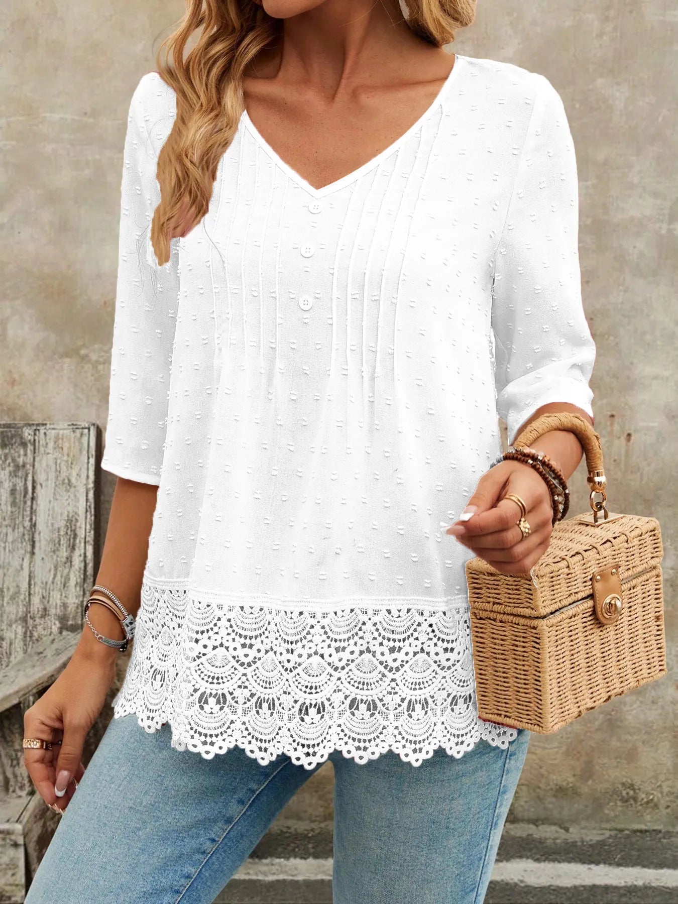 Lace Hem V - Neck Blouse designed for comfort and style at Lookzlike