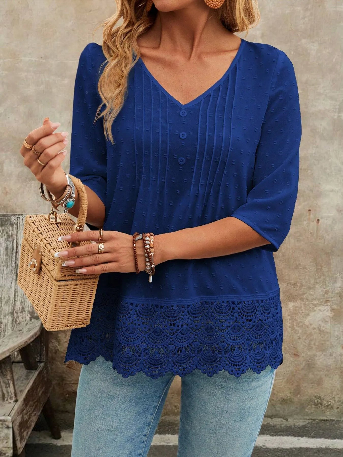 Lace Hem V - Neck Blouse designed for comfort and style at Lookzlike