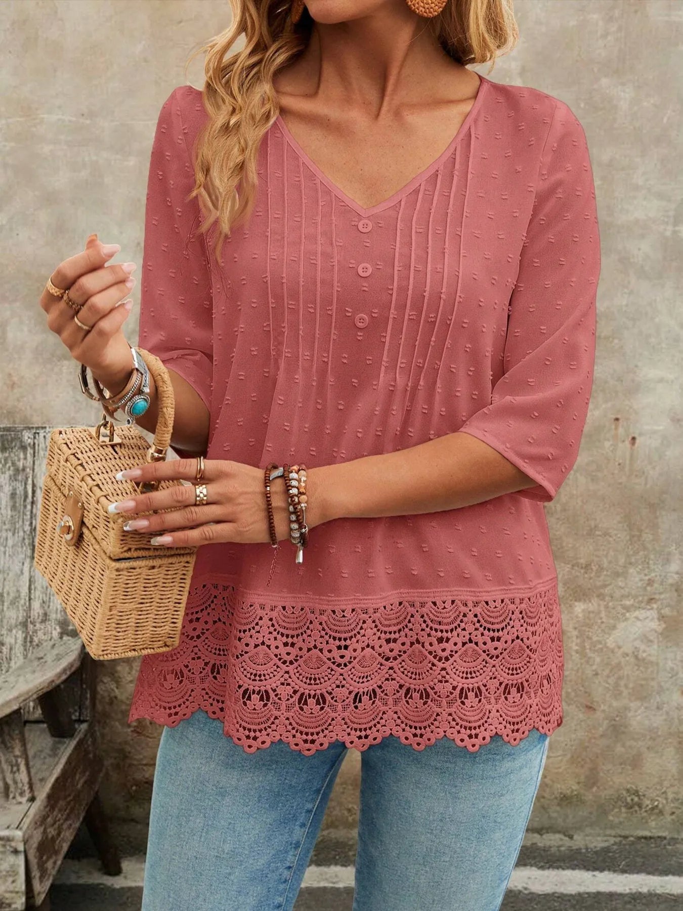 Lace Hem V - Neck Blouse designed for comfort and style at Lookzlike