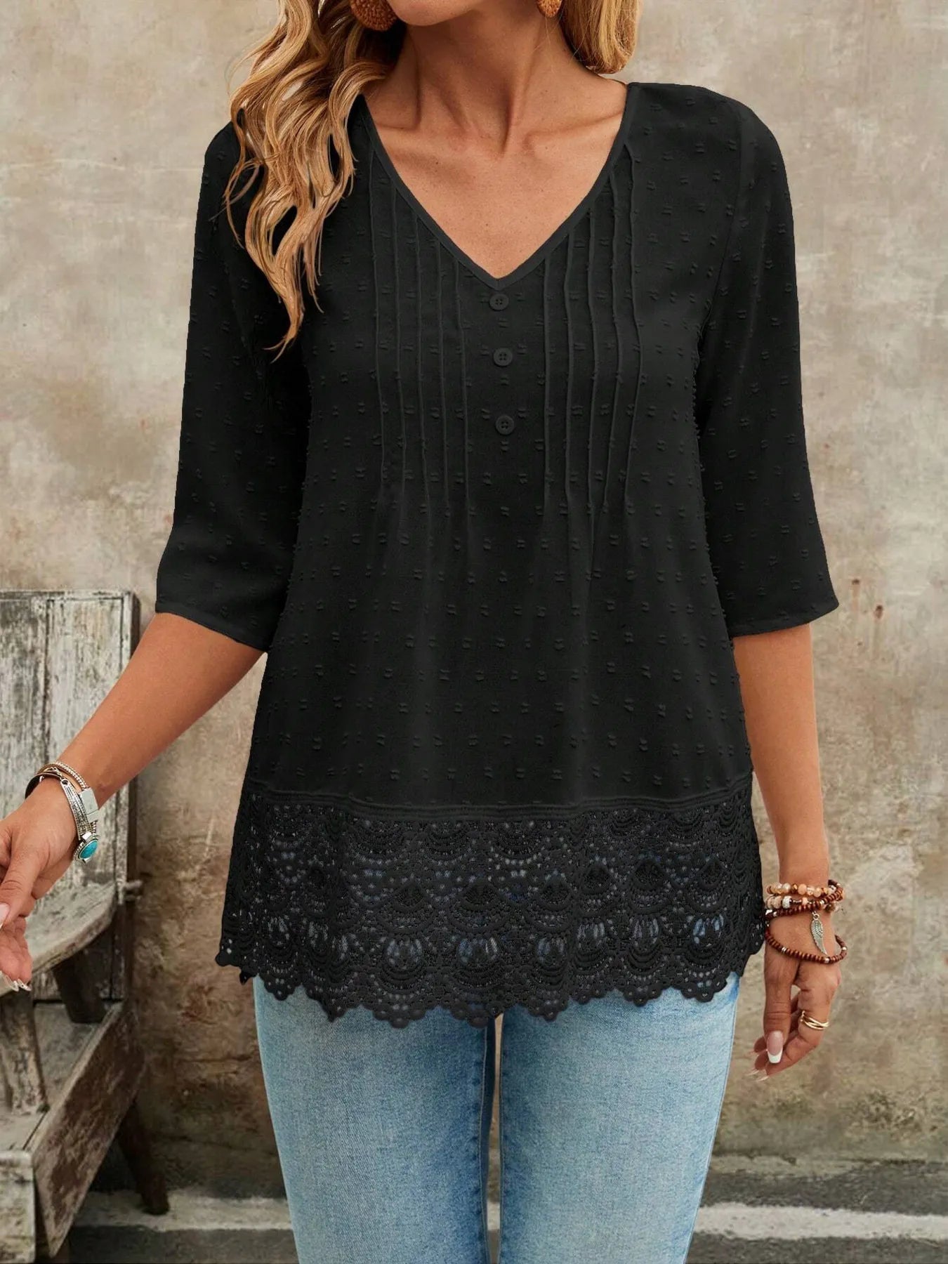 Lace Hem V - Neck Blouse designed for comfort and style at Lookzlike