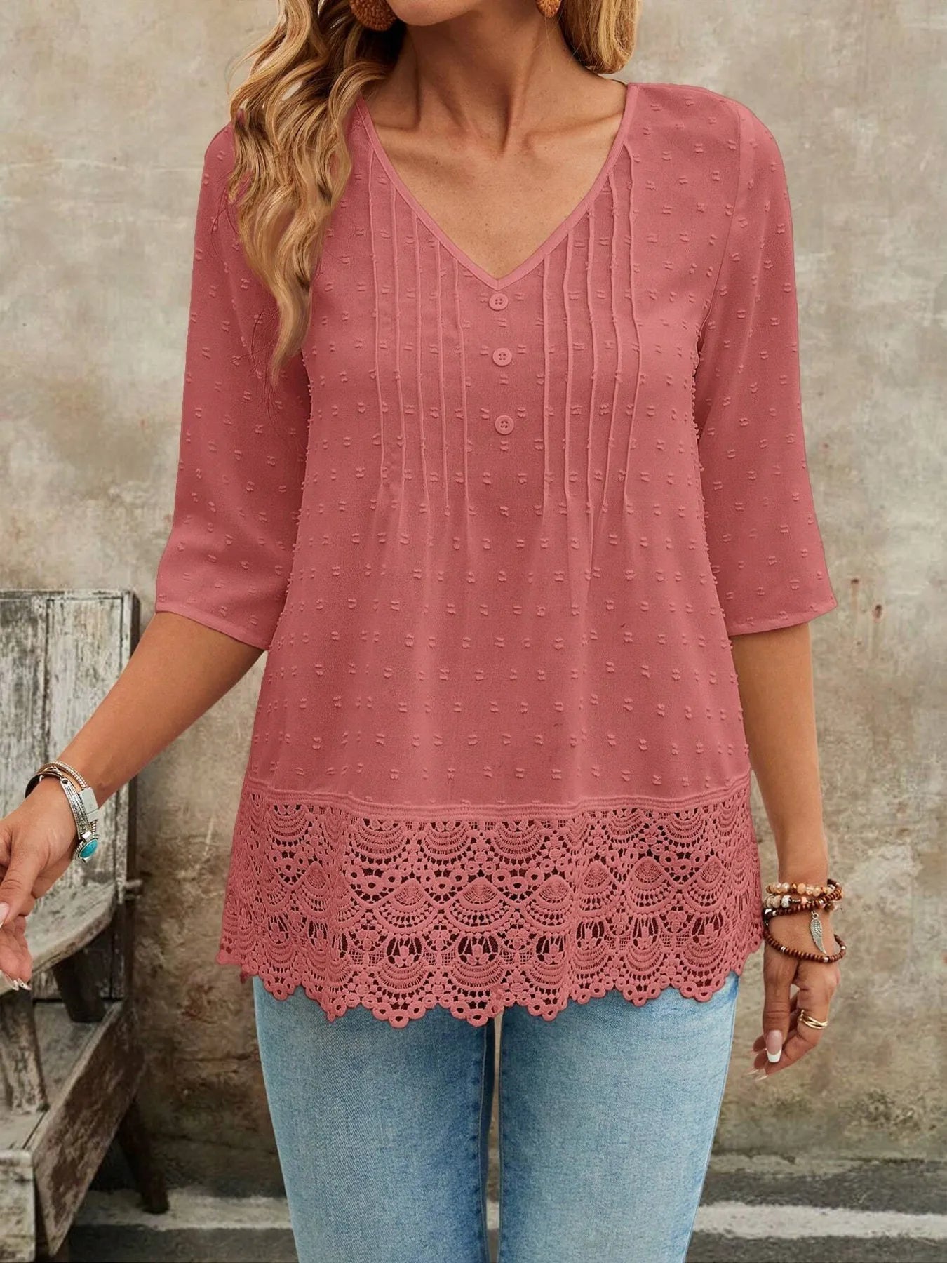 Lace Hem V - Neck Blouse designed for comfort and style at Lookzlike