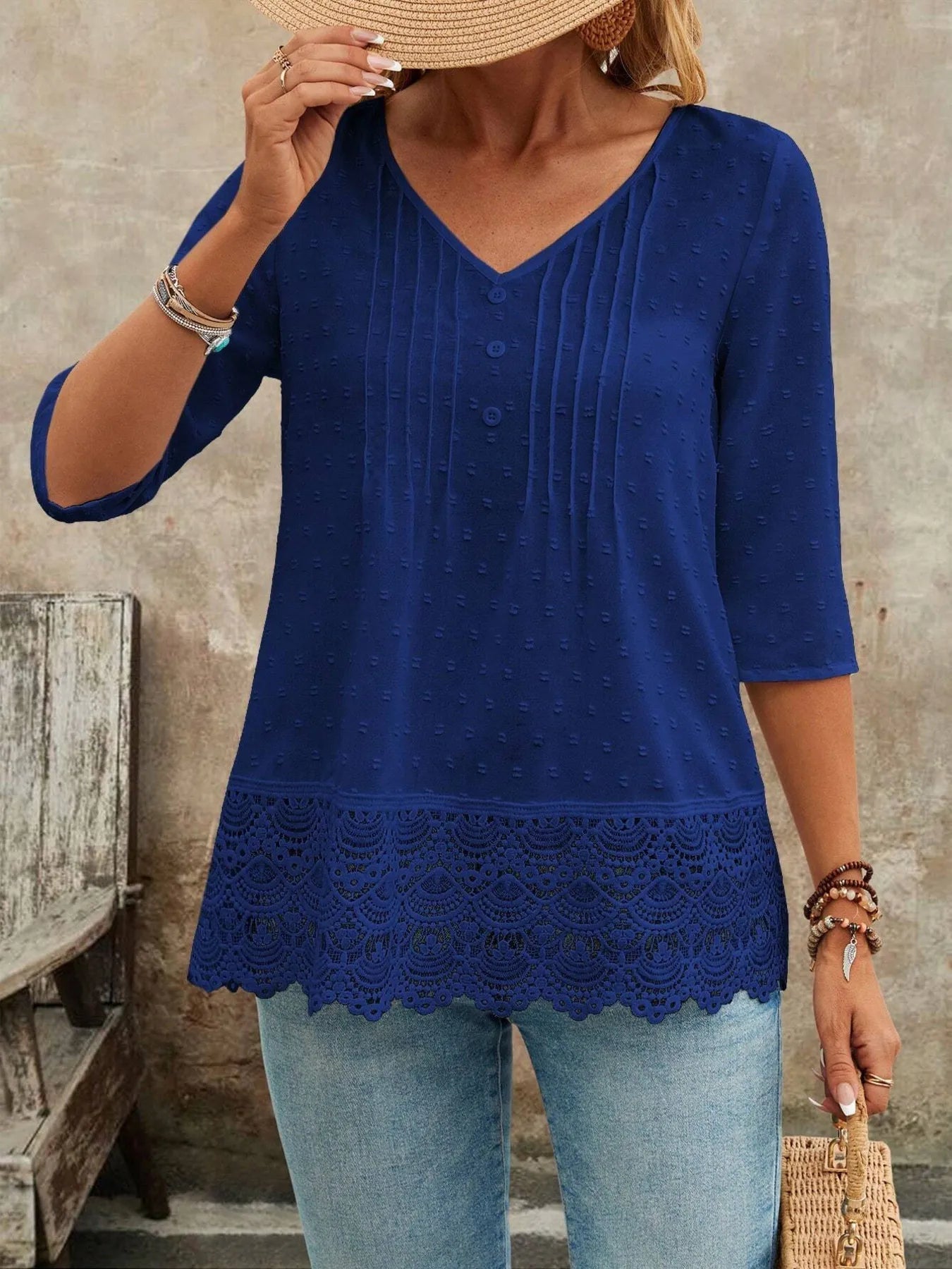Lace Hem V - Neck Blouse designed for comfort and style at Lookzlike