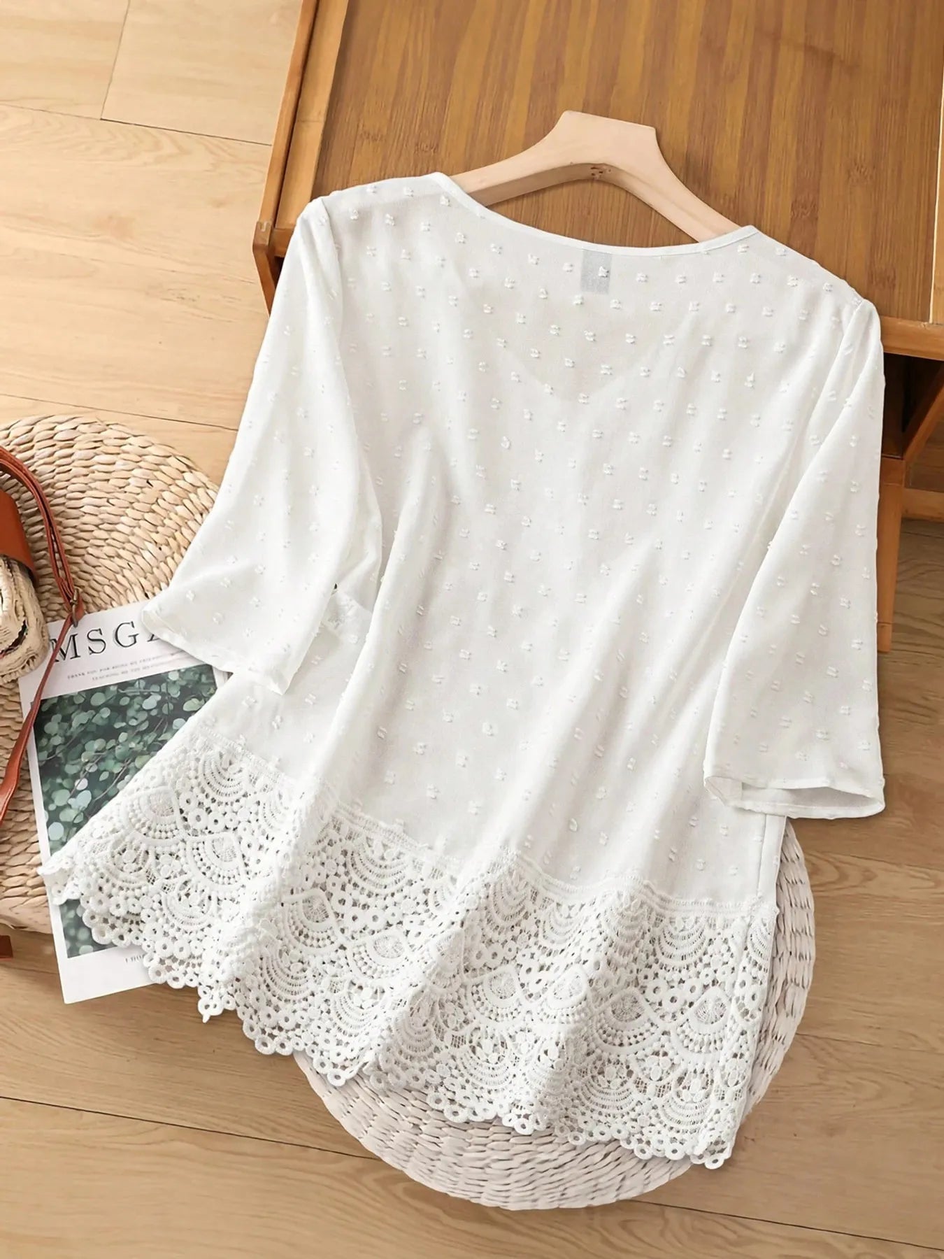 Lace Hem V - Neck Blouse designed for comfort and style at Lookzlike