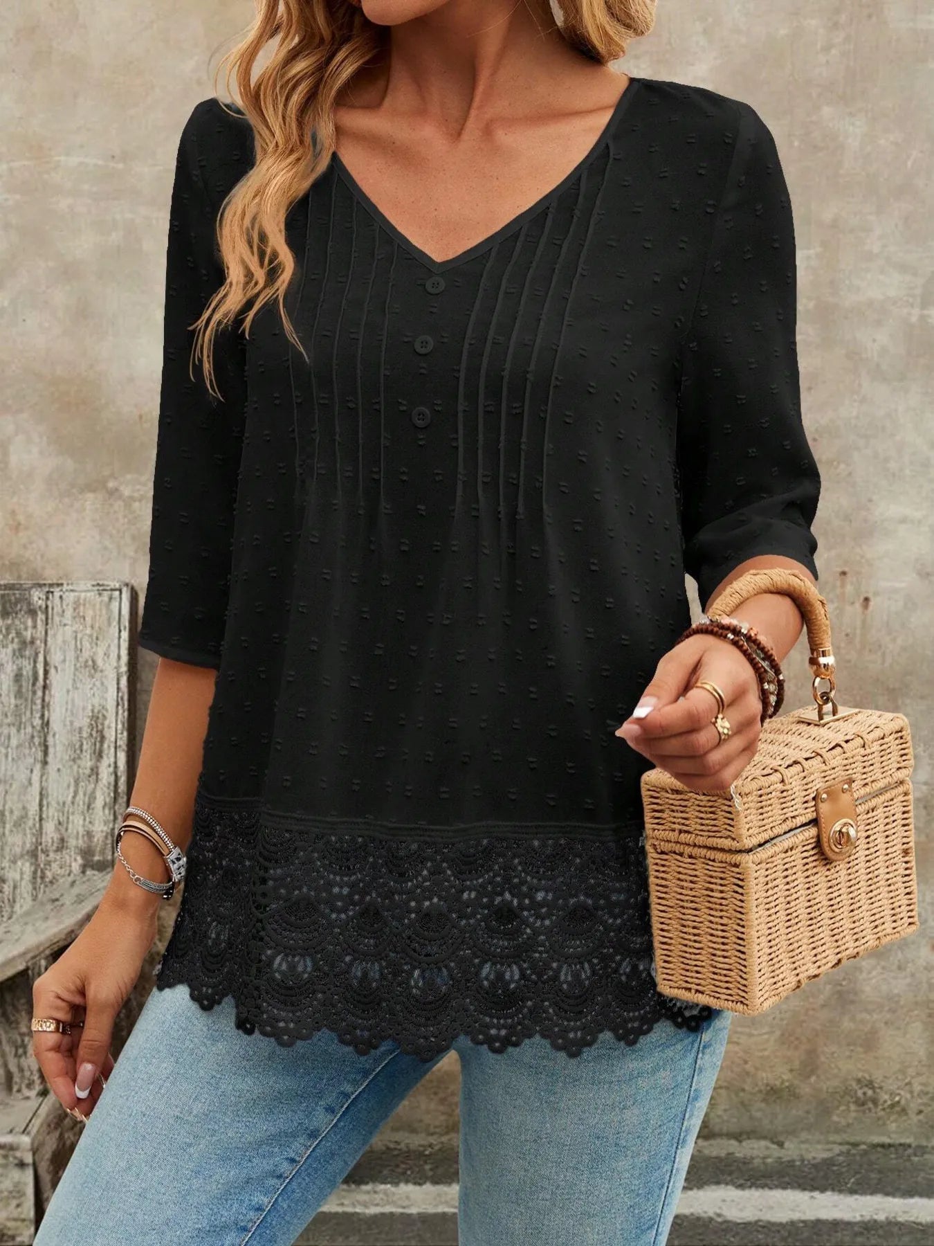 Lace Hem V - Neck Blouse designed for comfort and style at Lookzlike