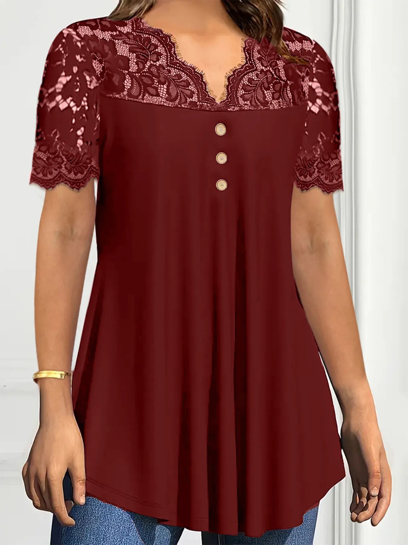 Lace Panel Short Sleeve Blouse - Lookzlike