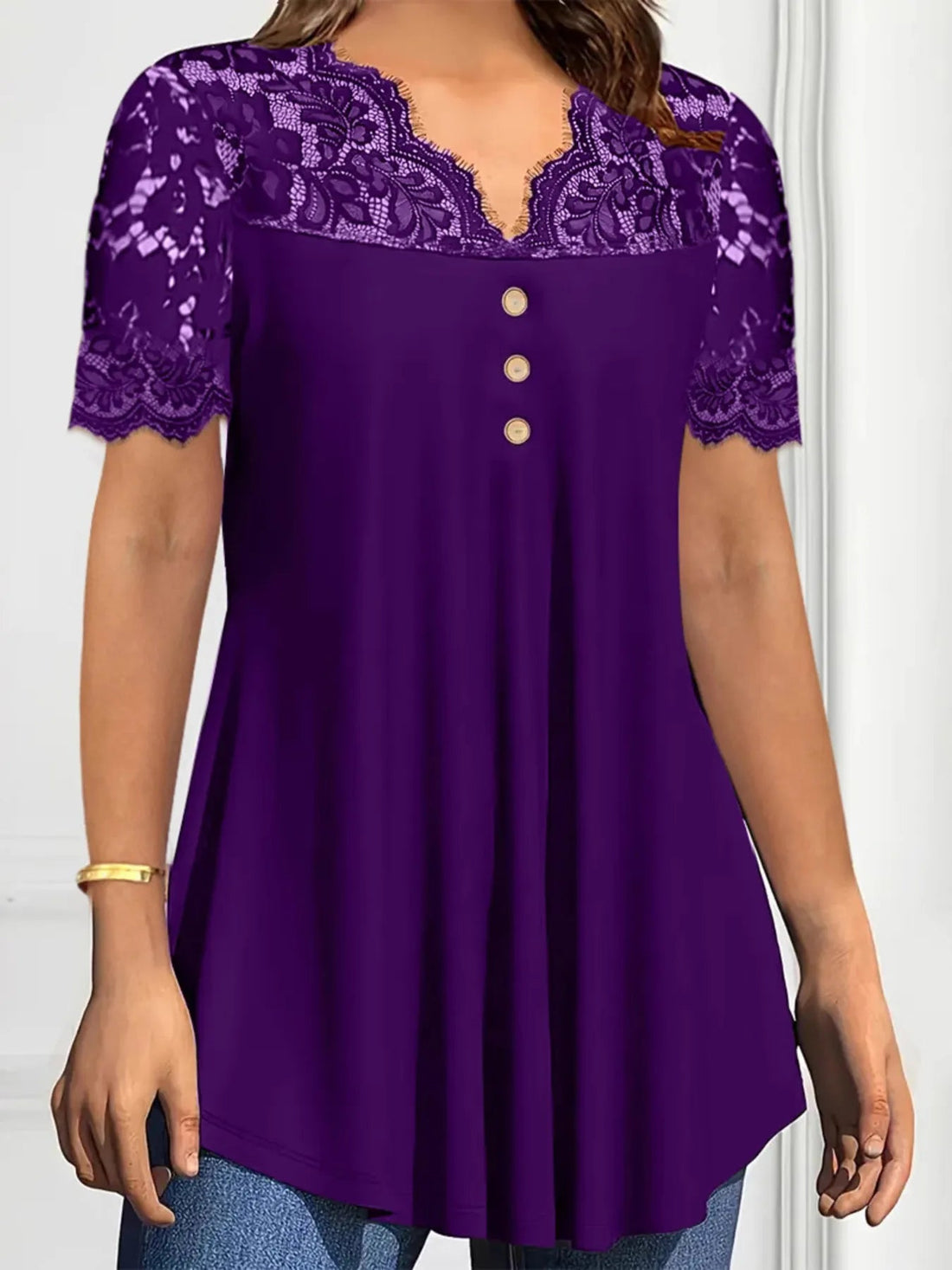 Lace Panel Short Sleeve Blouse - Lookzlike