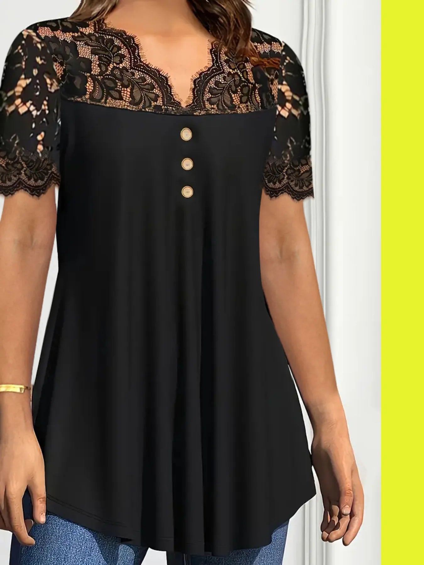 Lace Panel Short Sleeve Blouse - Lookzlike