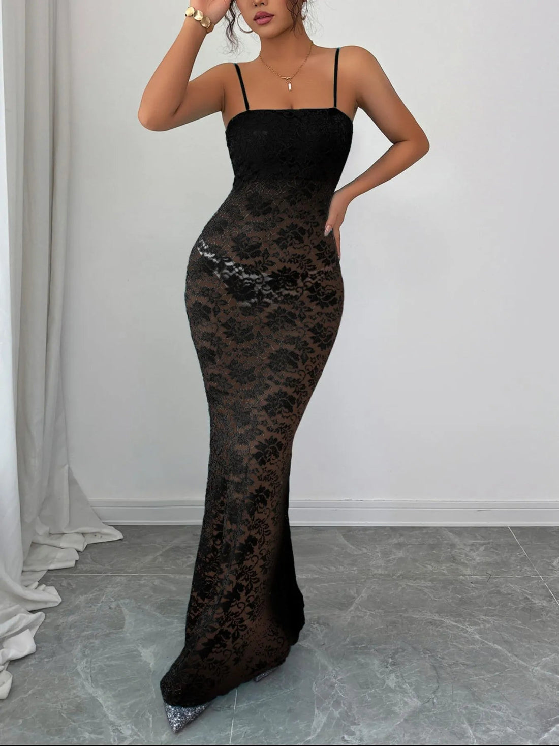 Lace Square Neck Maxi Cami Dress designed for comfort and style at Lookzlike