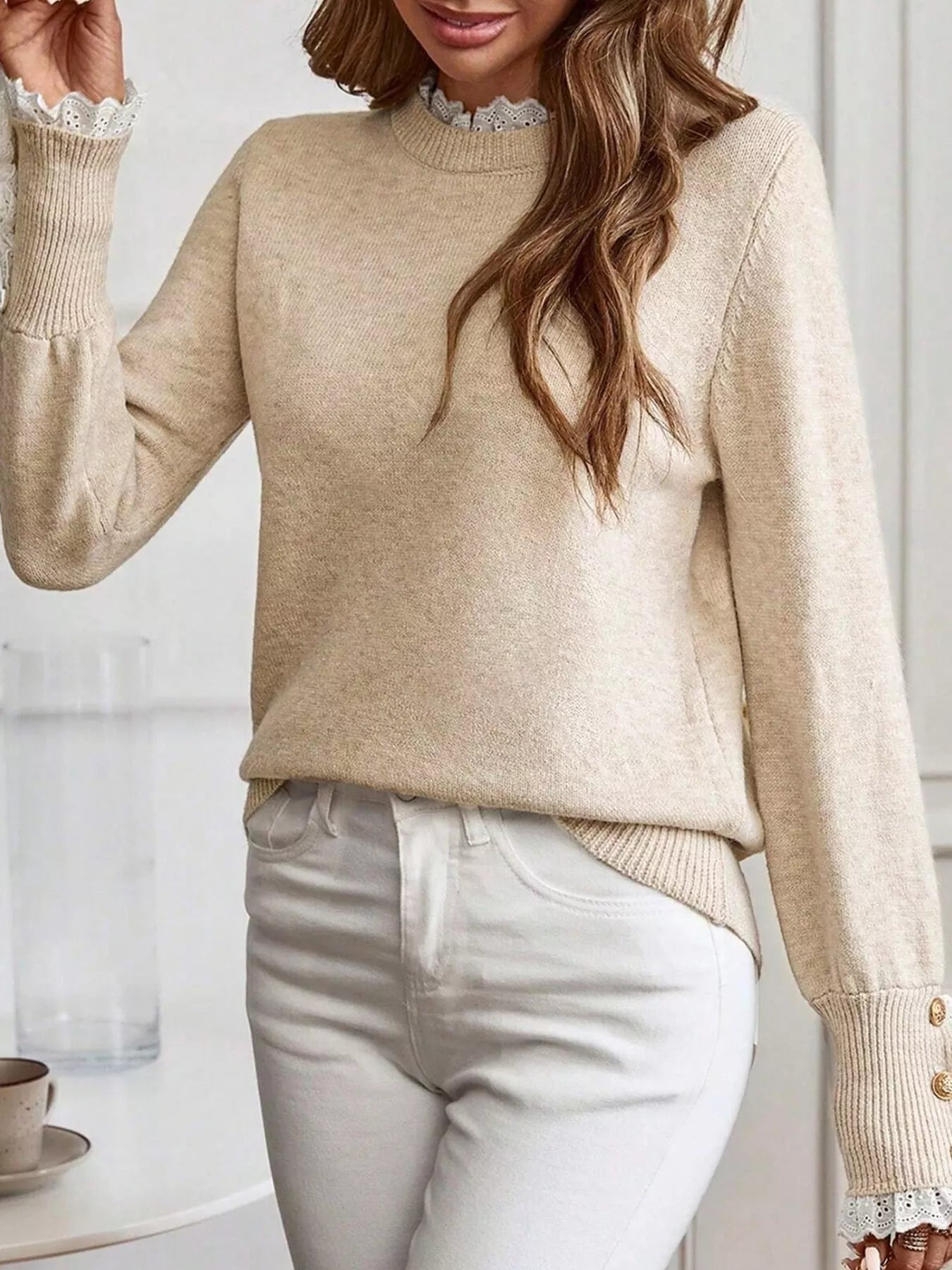 Lace Trim Button Cuff Long Sleeve Sweater designed for comfort and style at Lookzlike