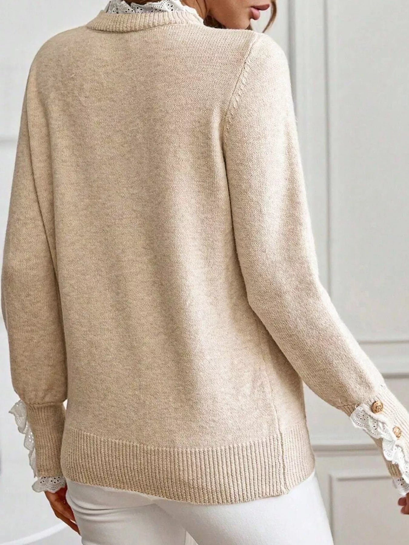 Lace Trim Button Cuff Long Sleeve Sweater designed for comfort and style at Lookzlike