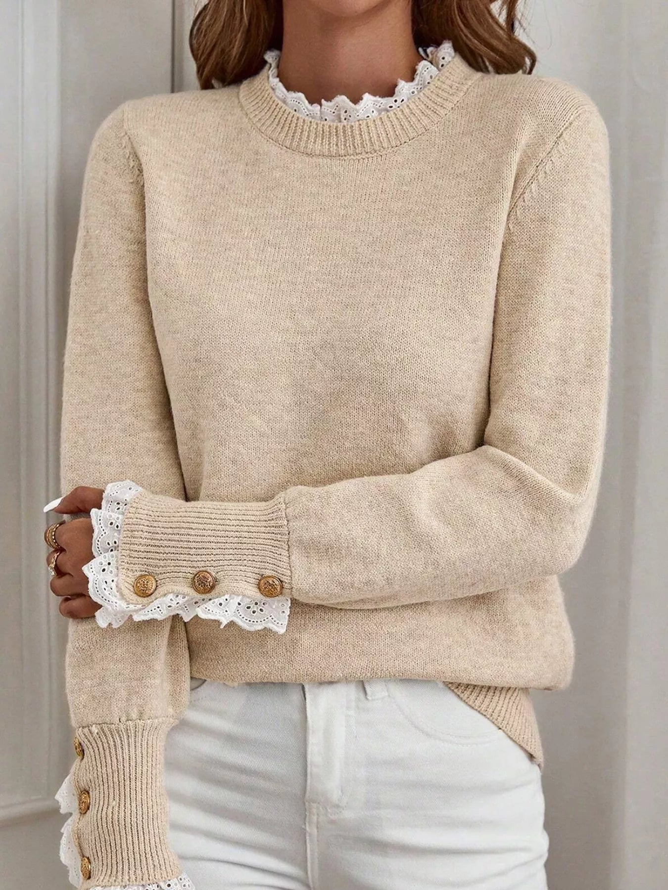 Lace Trim Button Cuff Long Sleeve Sweater designed for comfort and style at Lookzlike