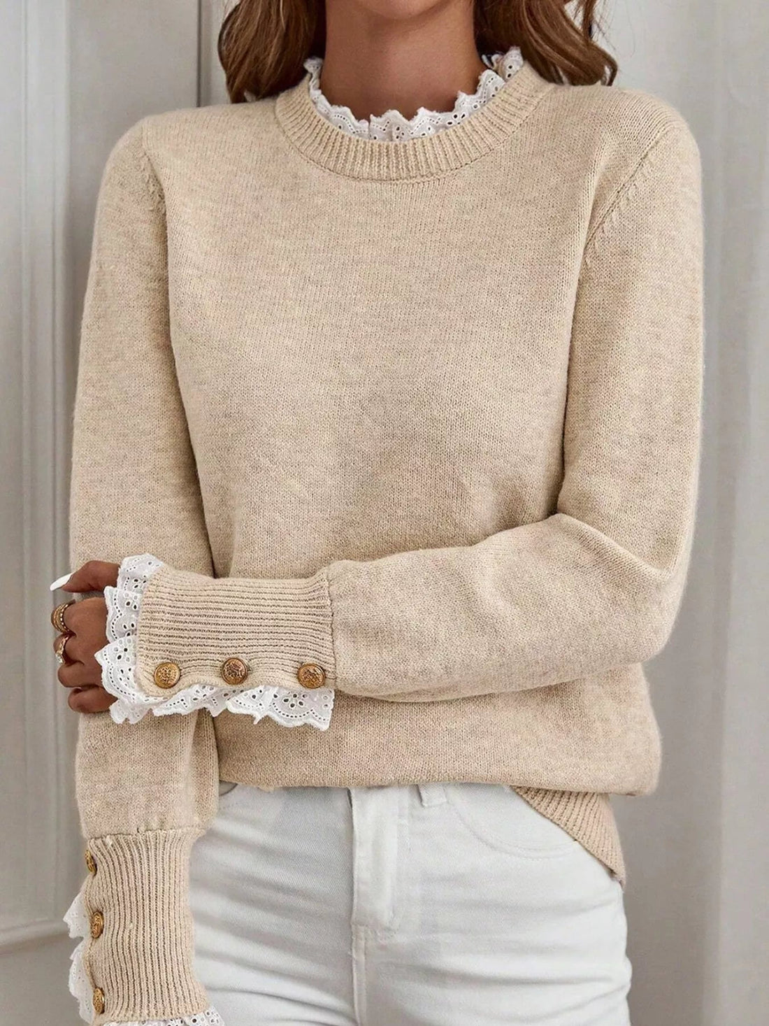 Lace Trim Button Cuff Long Sleeve Sweater designed for comfort and style at Lookzlike