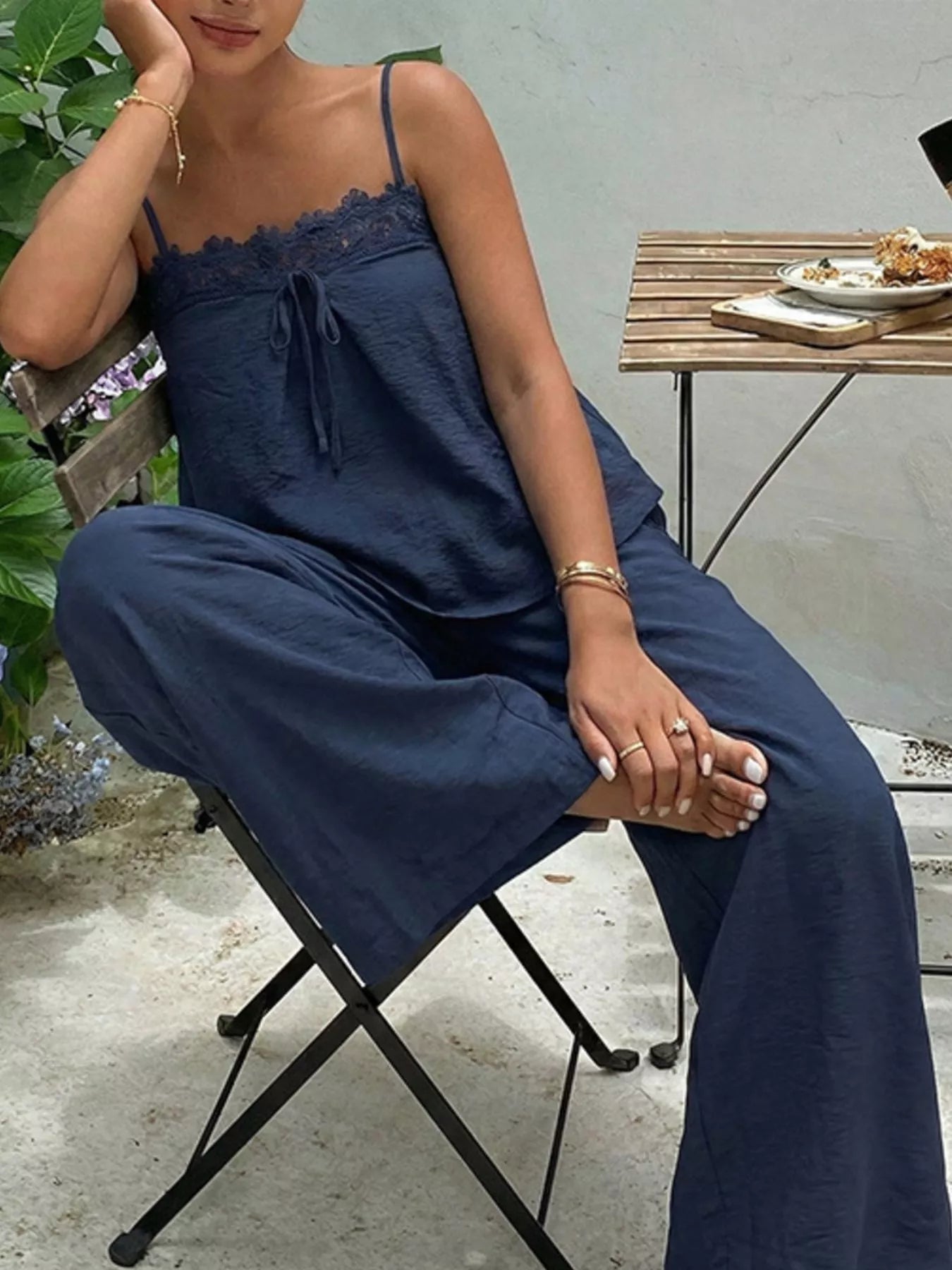 Lace Trim Cami and Wide-Leg Pants Set designed for comfort and style at Lookzlike