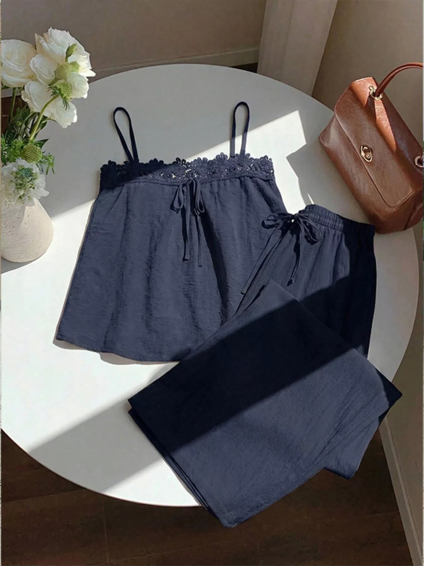 Lace Trim Cami and Wide-Leg Pants Set designed for comfort and style at Lookzlike