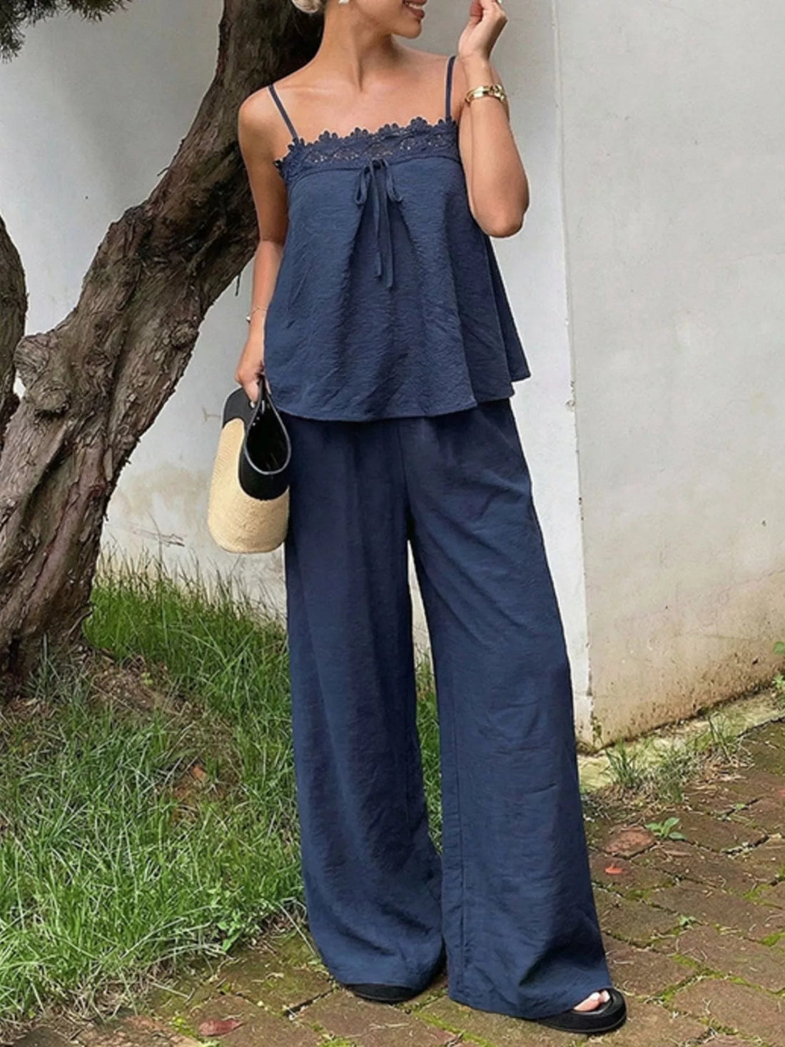 Lace Trim Cami and Wide-Leg Pants Set designed for comfort and style at Lookzlike