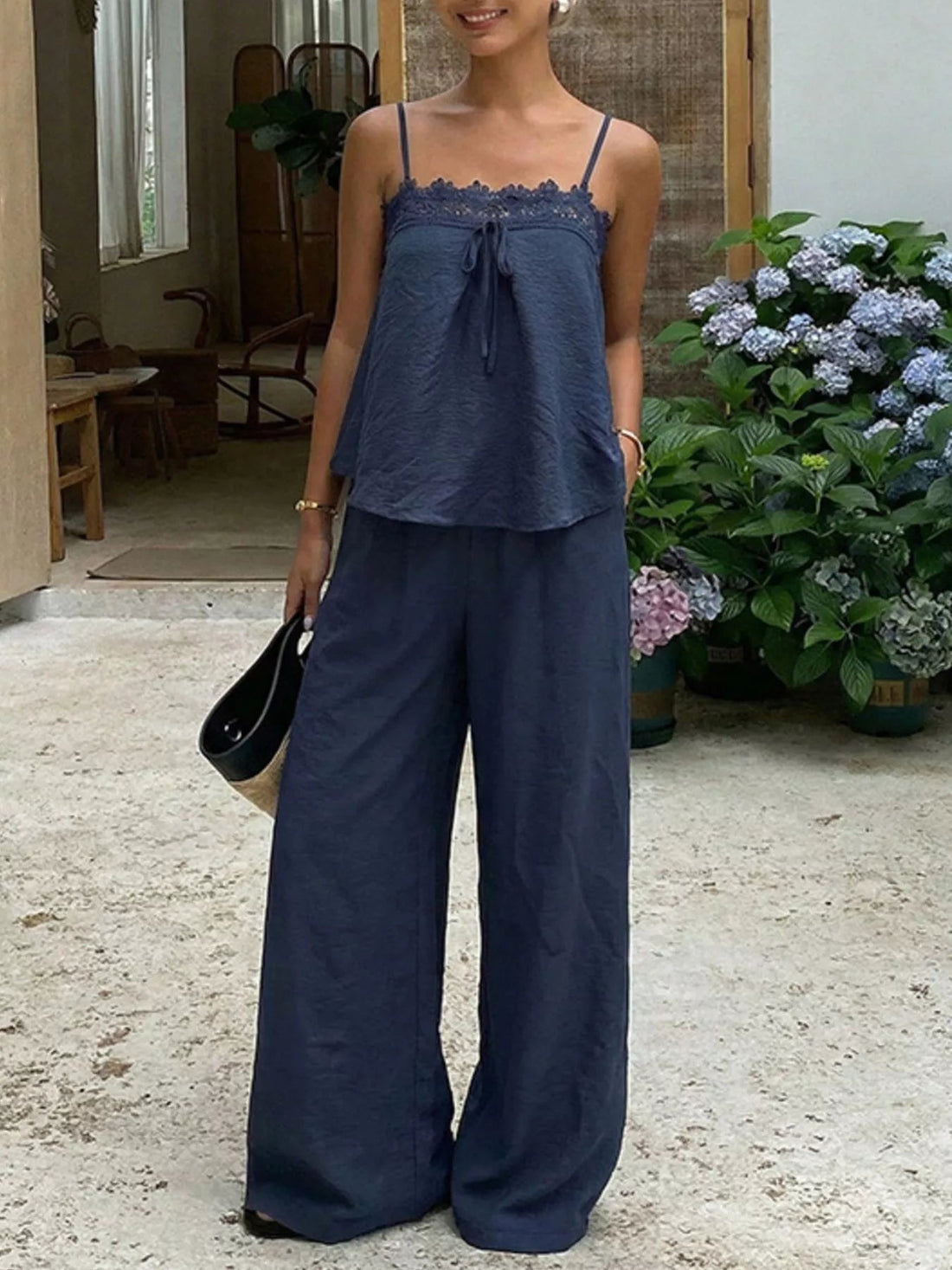 Lace Trim Cami and Wide-Leg Pants Set designed for comfort and style at Lookzlike