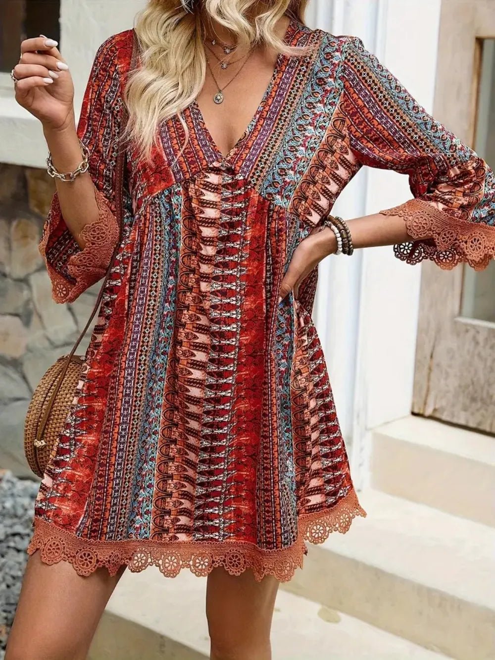 Lace Trim Printed V-Neck 3/4 Sleeve Dress - Lookzlike