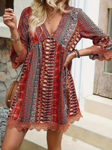 Lace Trim Printed V-Neck 3/4 Sleeve Dress - Lookzlike