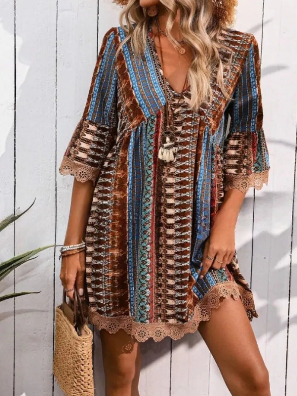 Lace Trim Printed V-Neck 3/4 Sleeve Dress - Lookzlike