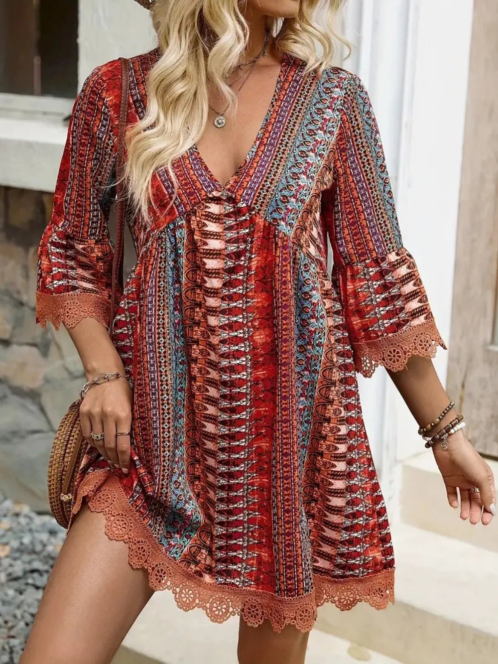 Lace Trim Printed V-Neck 3/4 Sleeve Dress - Lookzlike