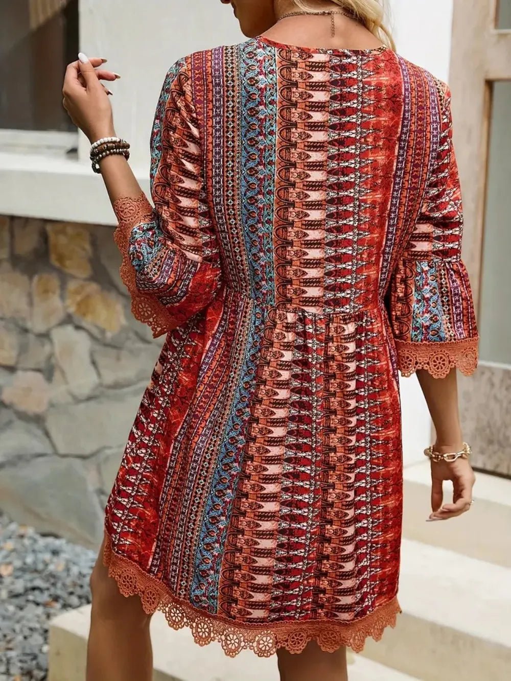 Lace Trim Printed V-Neck 3/4 Sleeve Dress - Lookzlike