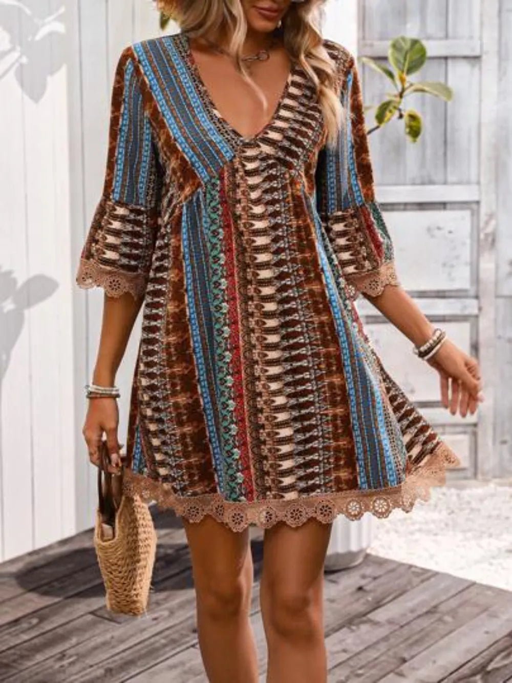 Lace Trim Printed V-Neck 3/4 Sleeve Dress - Lookzlike
