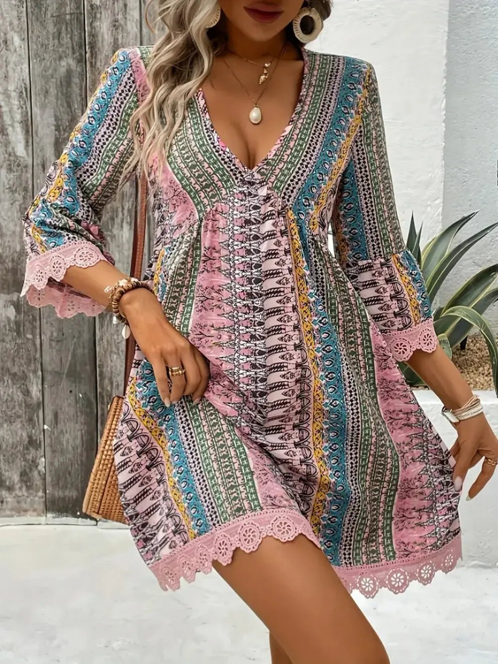 Lace Trim Printed V-Neck 3/4 Sleeve Dress - Lookzlike