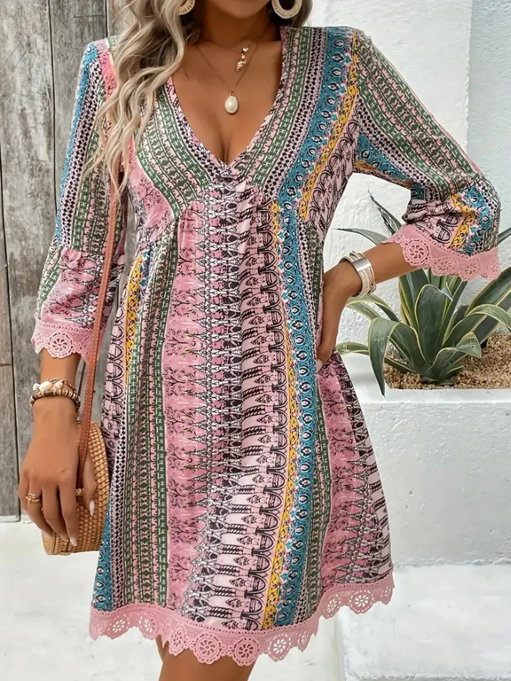 Lace Trim Printed V-Neck 3/4 Sleeve Dress - Lookzlike