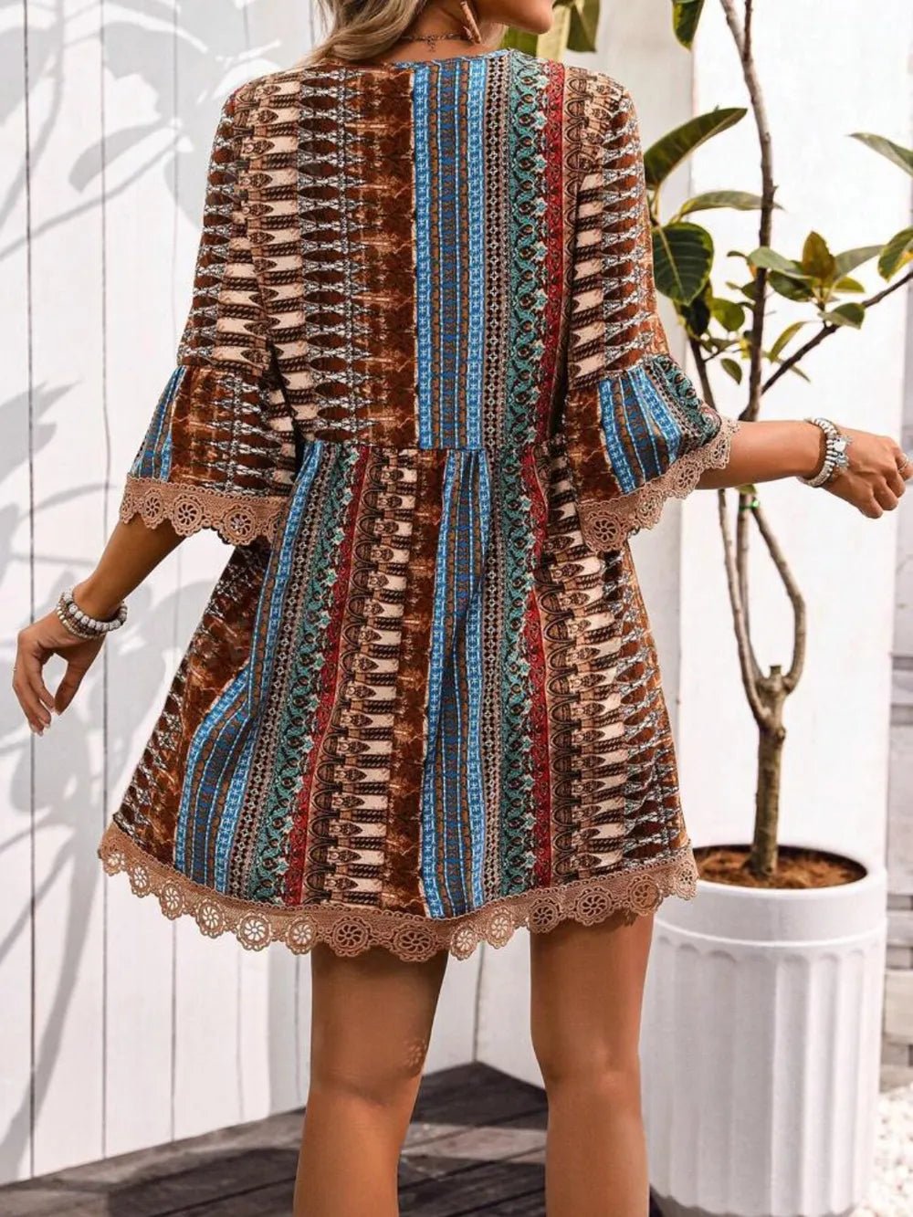 Lace Trim Printed V-Neck 3/4 Sleeve Dress - Lookzlike