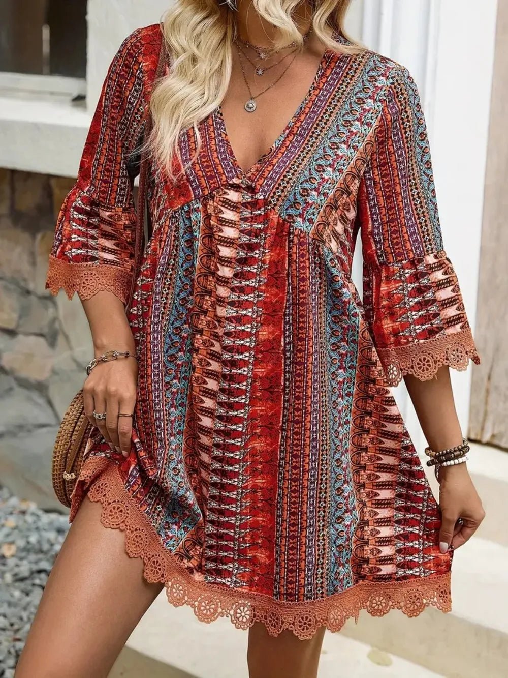 Lace Trim Printed V-Neck 3/4 Sleeve Dress - Lookzlike