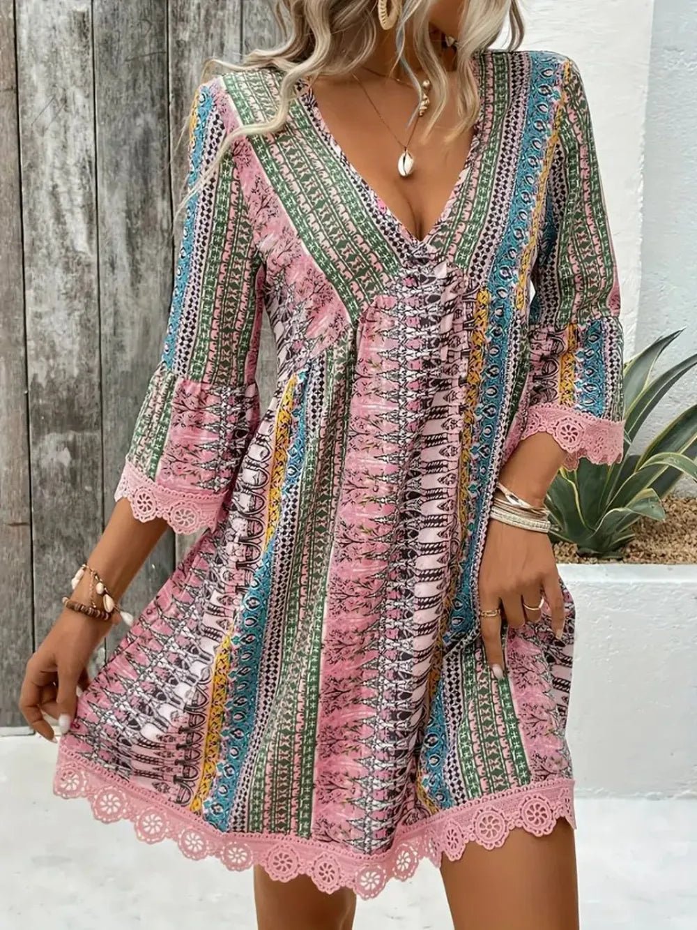 Lace Trim Printed V-Neck 3/4 Sleeve Dress - Lookzlike