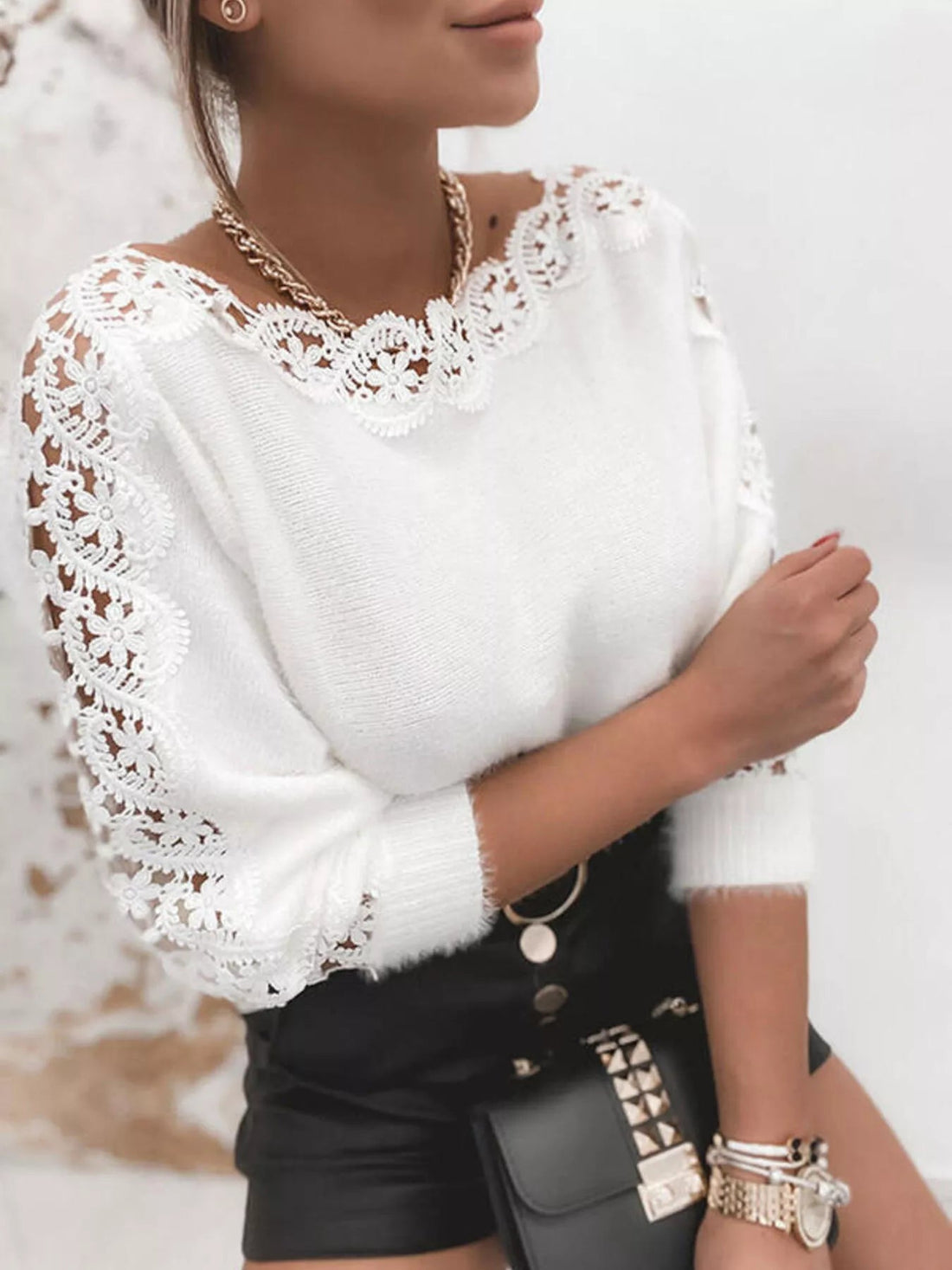 Lace Trim Round Neck Sweater designed for comfort and style at Lookzlike