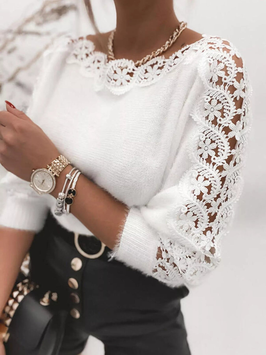 Lace Trim Round Neck Sweater designed for comfort and style at Lookzlike
