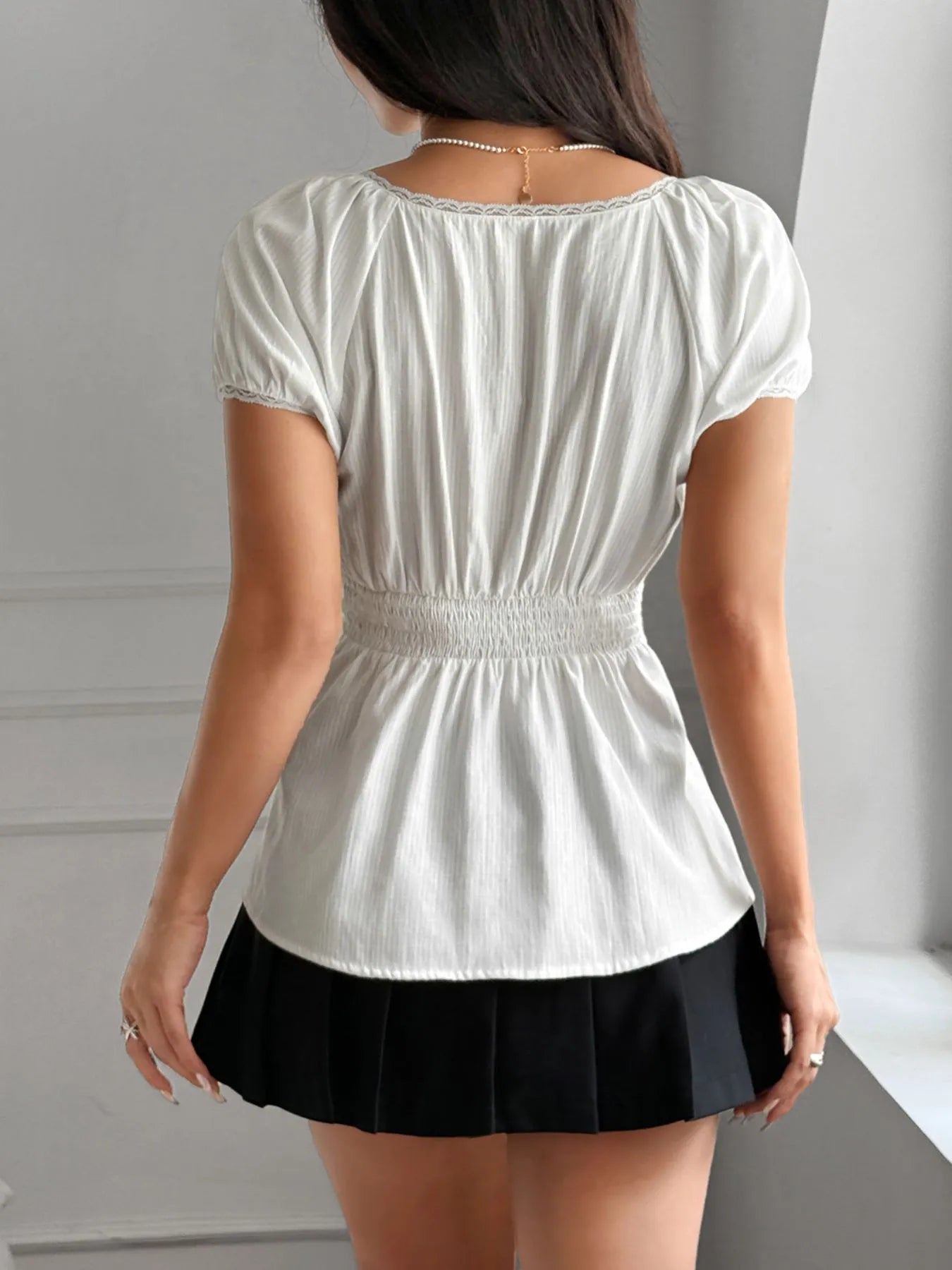 Lace Trim Square Neck Puff Sleeve Top - Lookzlike