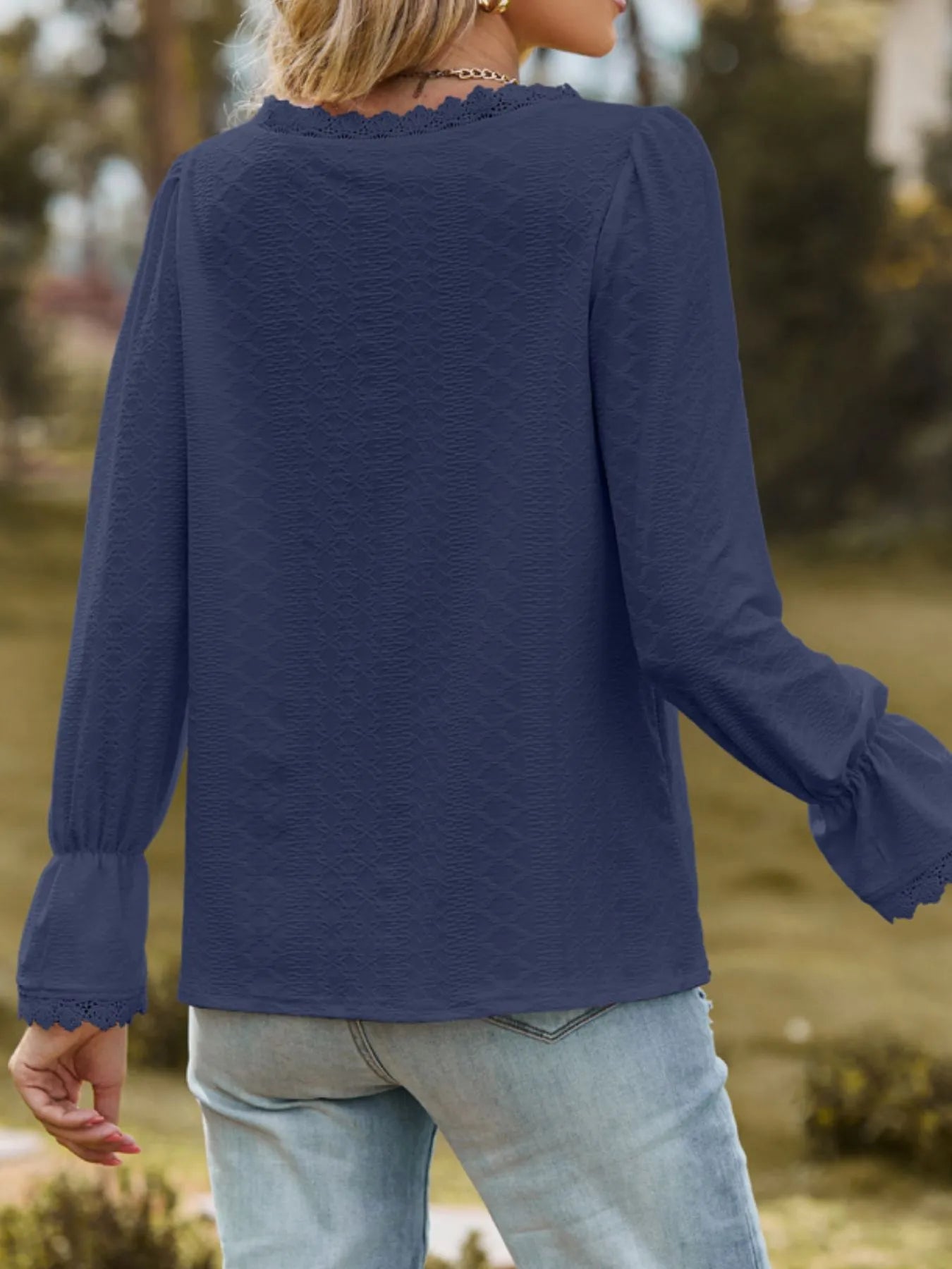 Lace Trim V - Neck Blouse with Flounce Sleeves designed for comfort and style at Lookzlike