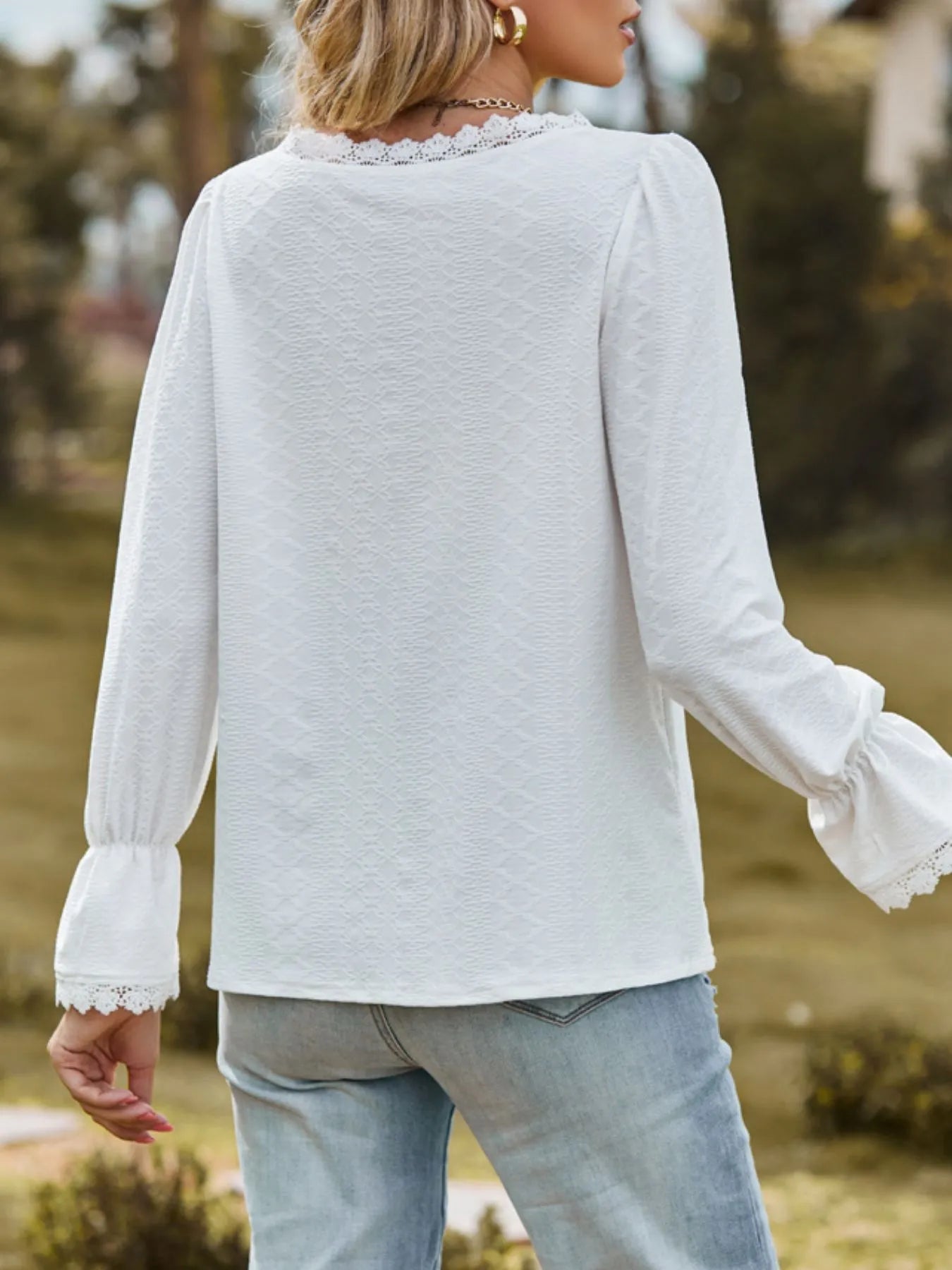 Lace Trim V - Neck Blouse with Flounce Sleeves designed for comfort and style at Lookzlike
