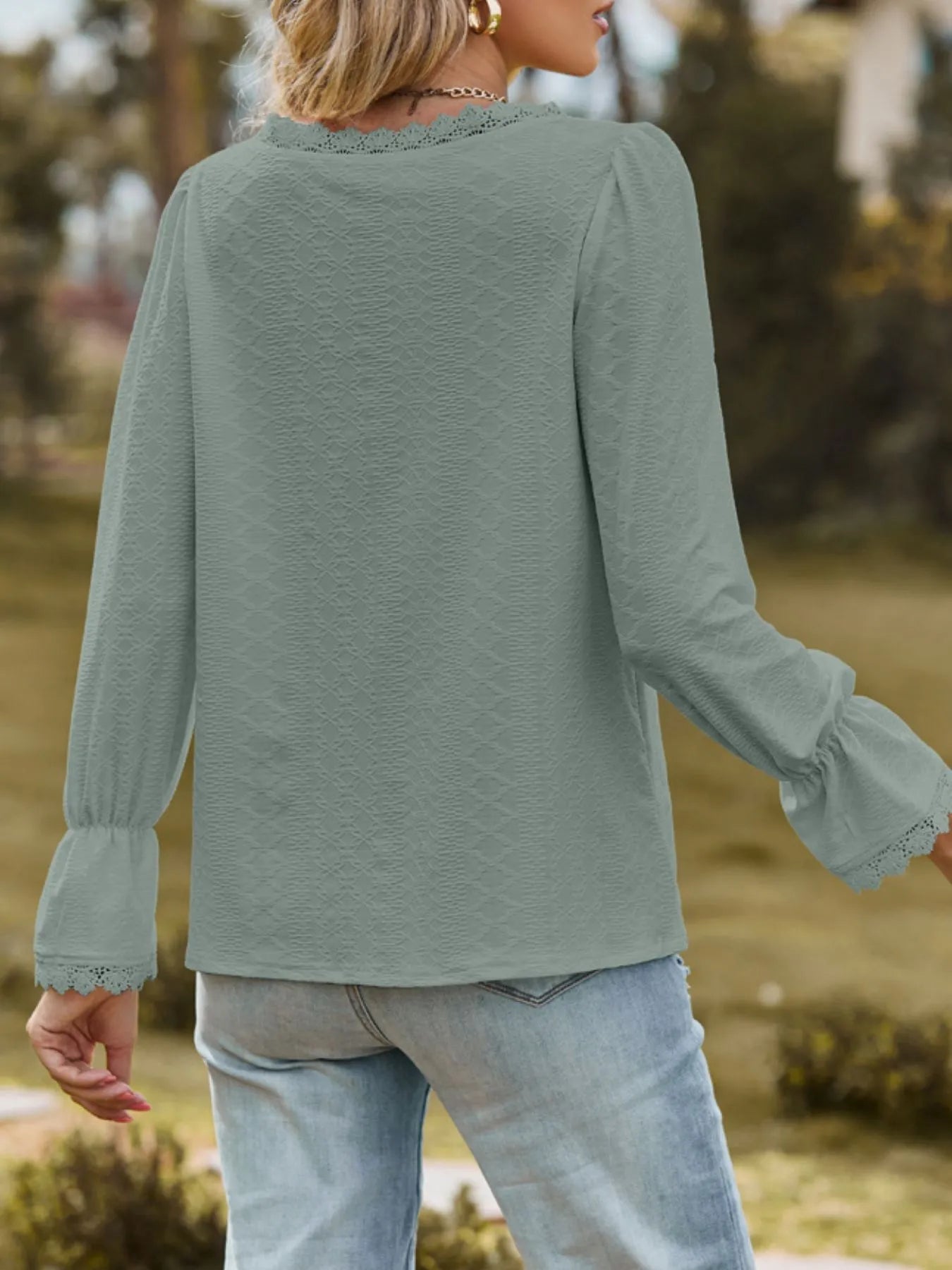 Lace Trim V - Neck Blouse with Flounce Sleeves designed for comfort and style at Lookzlike