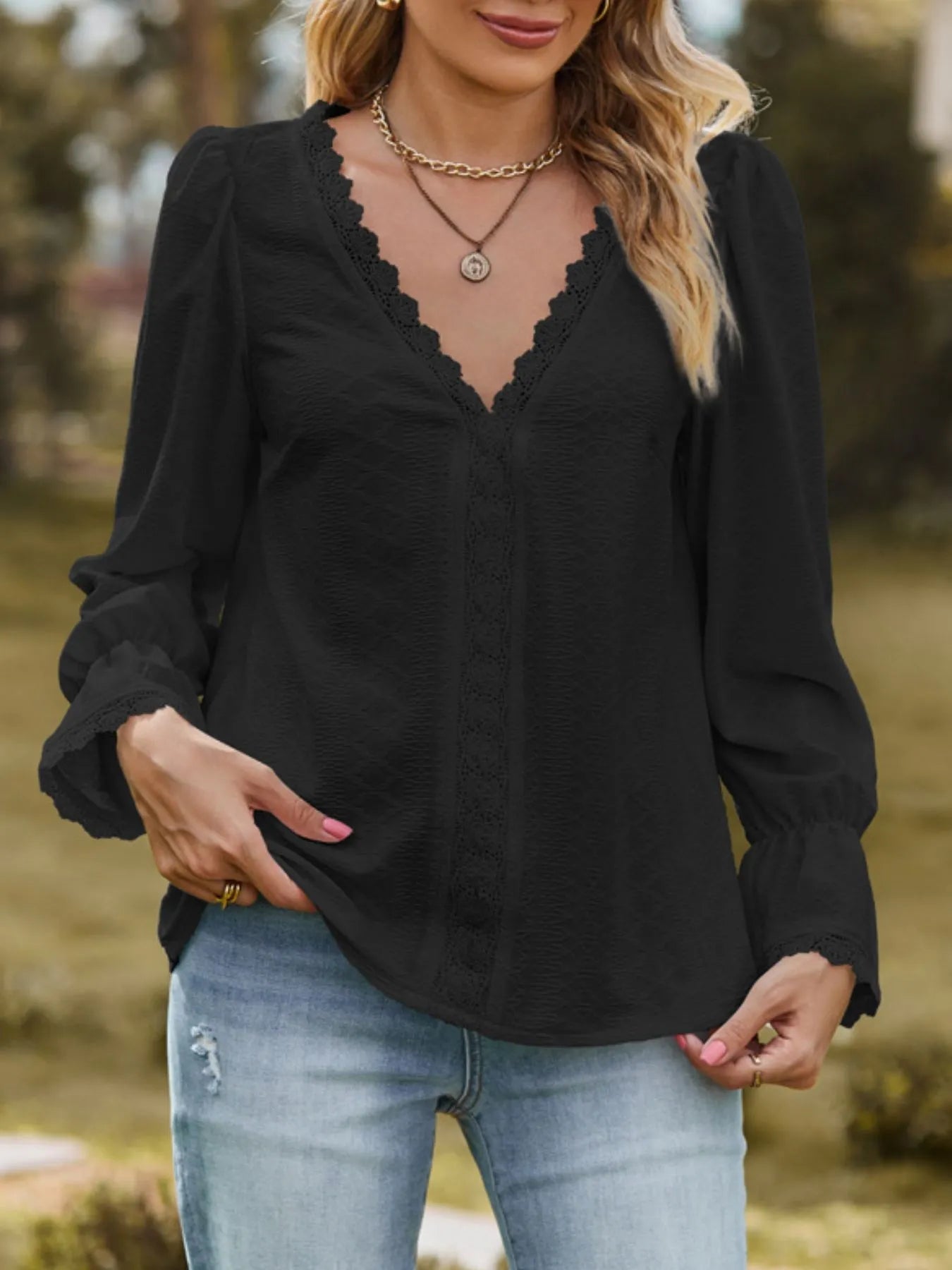 Lace Trim V - Neck Blouse with Flounce Sleeves designed for comfort and style at Lookzlike