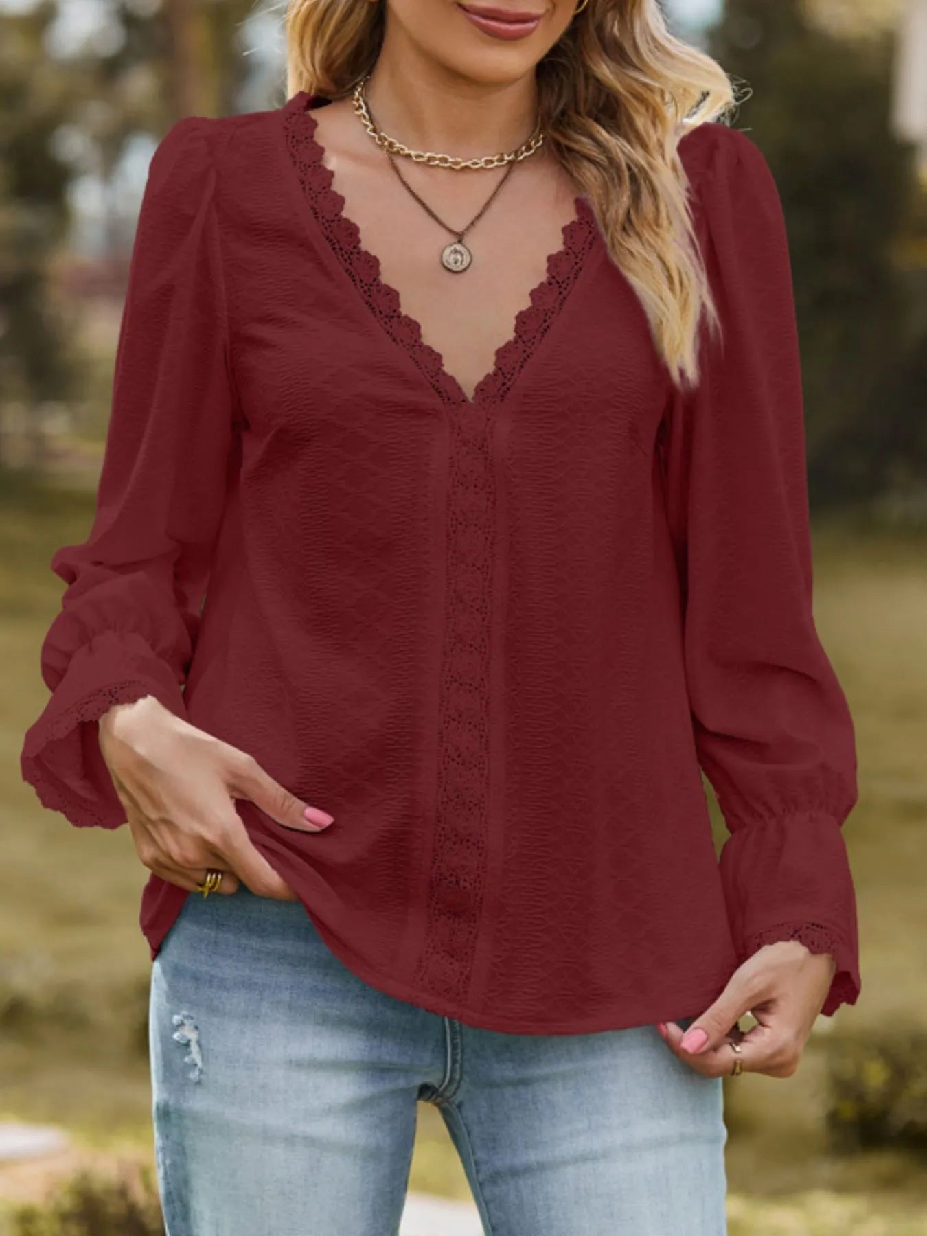 Lace Trim V - Neck Blouse with Flounce Sleeves designed for comfort and style at Lookzlike