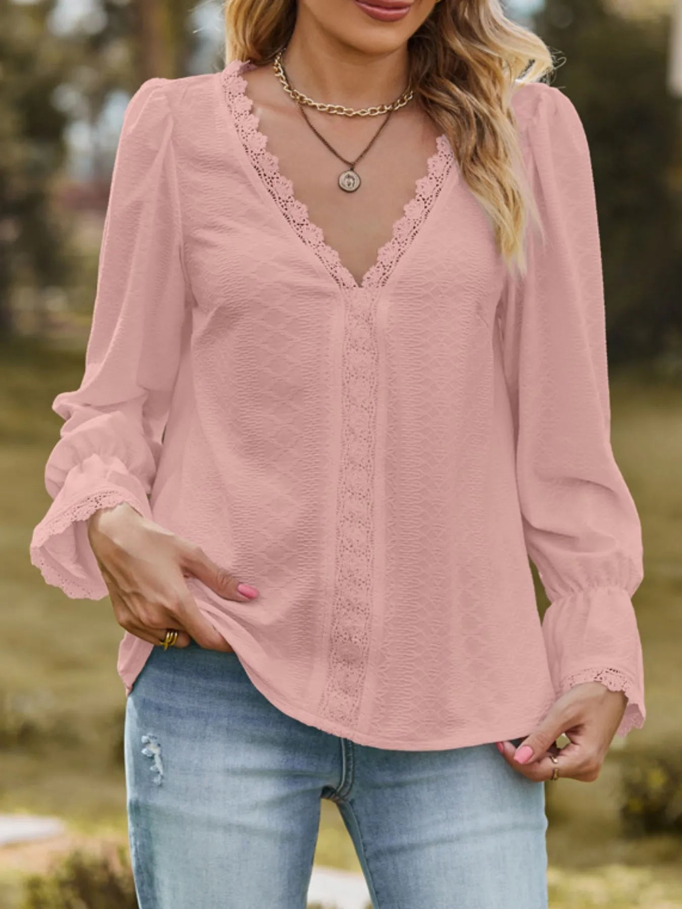 Lace Trim V - Neck Blouse with Flounce Sleeves designed for comfort and style at Lookzlike