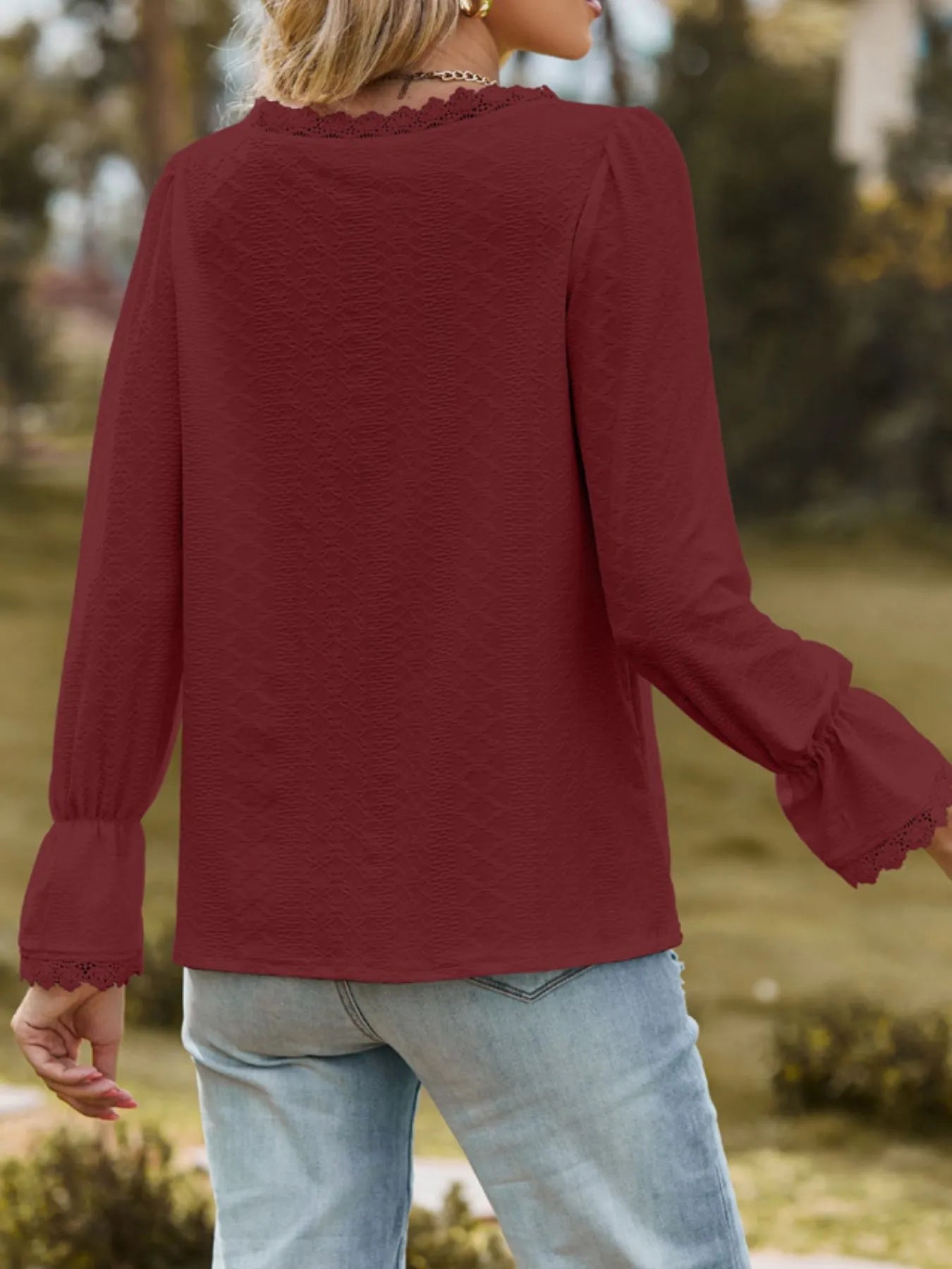Lace Trim V - Neck Blouse with Flounce Sleeves designed for comfort and style at Lookzlike