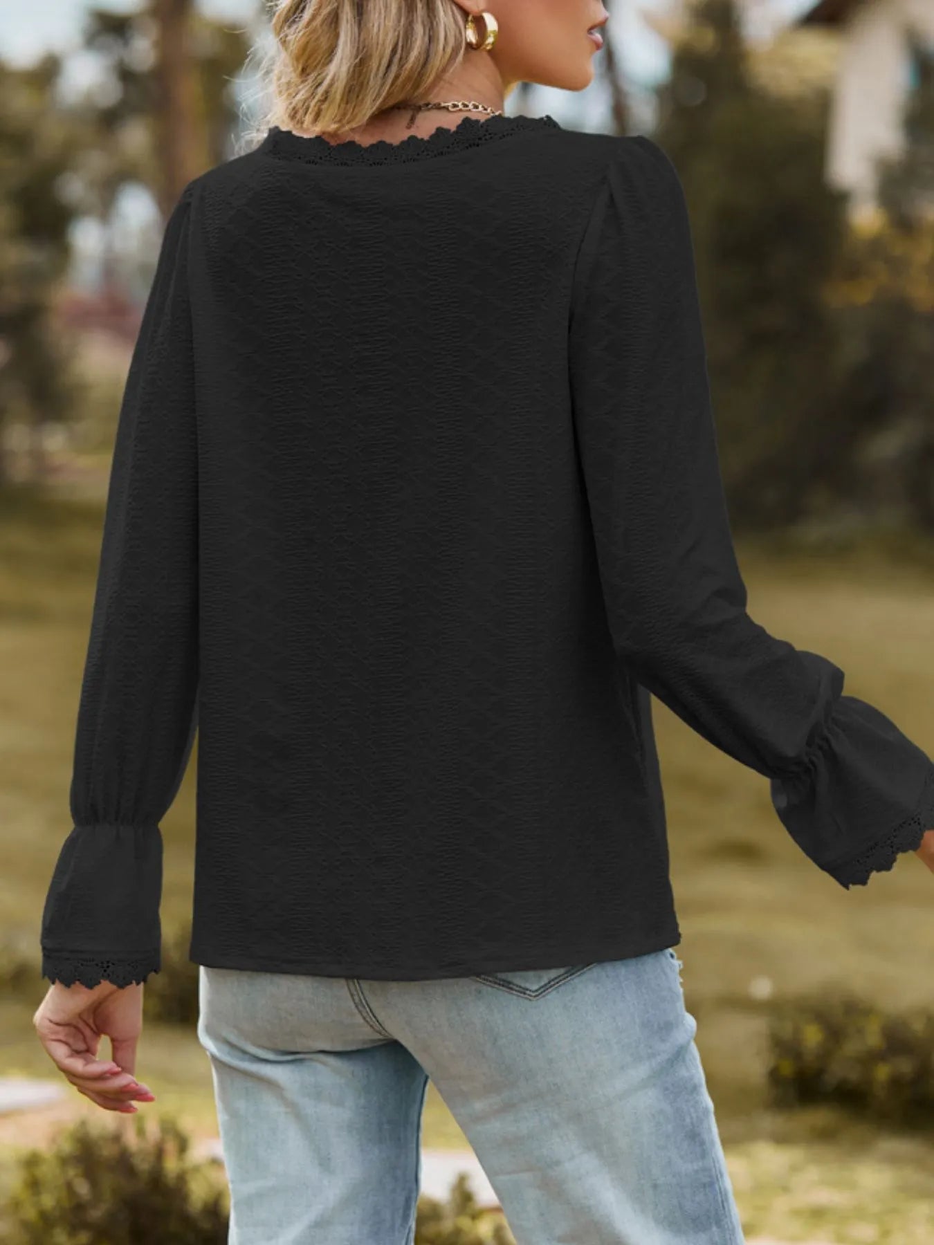 Lace Trim V - Neck Blouse with Flounce Sleeves designed for comfort and style at Lookzlike