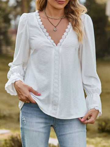 Lace Trim V - Neck Blouse with Flounce Sleeves designed for comfort and style at Lookzlike